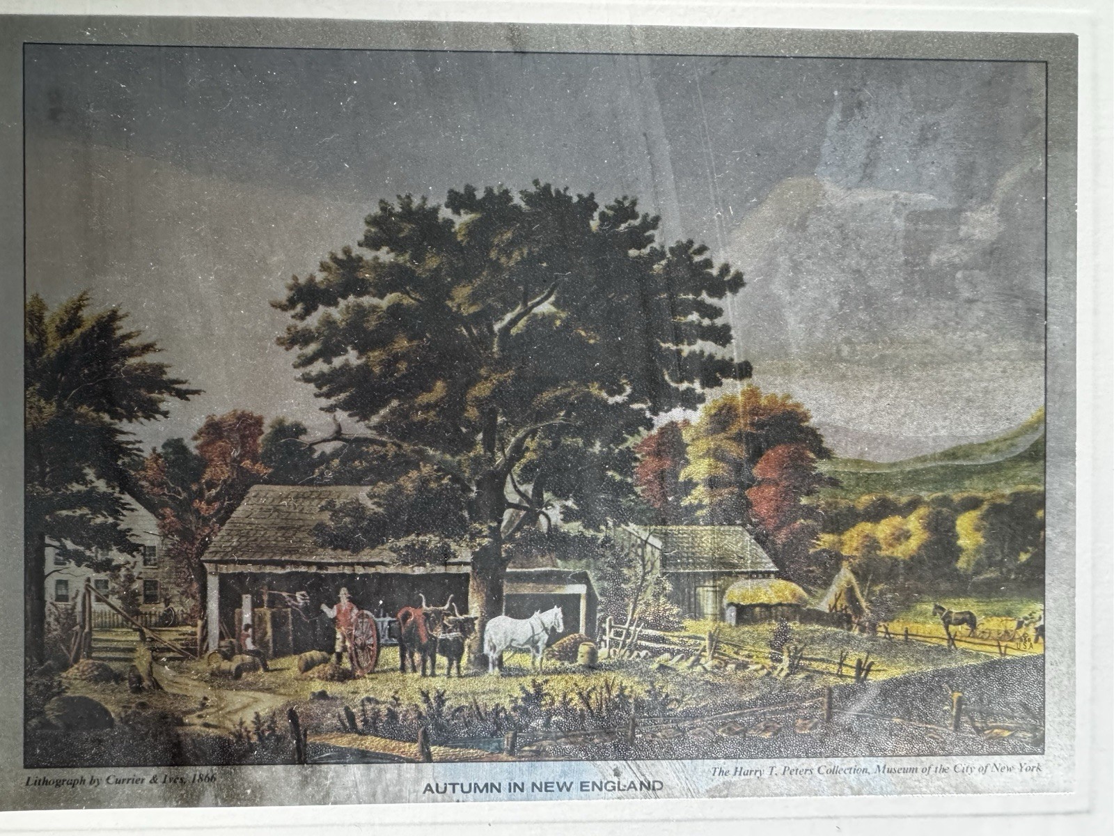 Currier & Ives MCM Foil Etched Print, “Autumn in New England” Matted & Framed