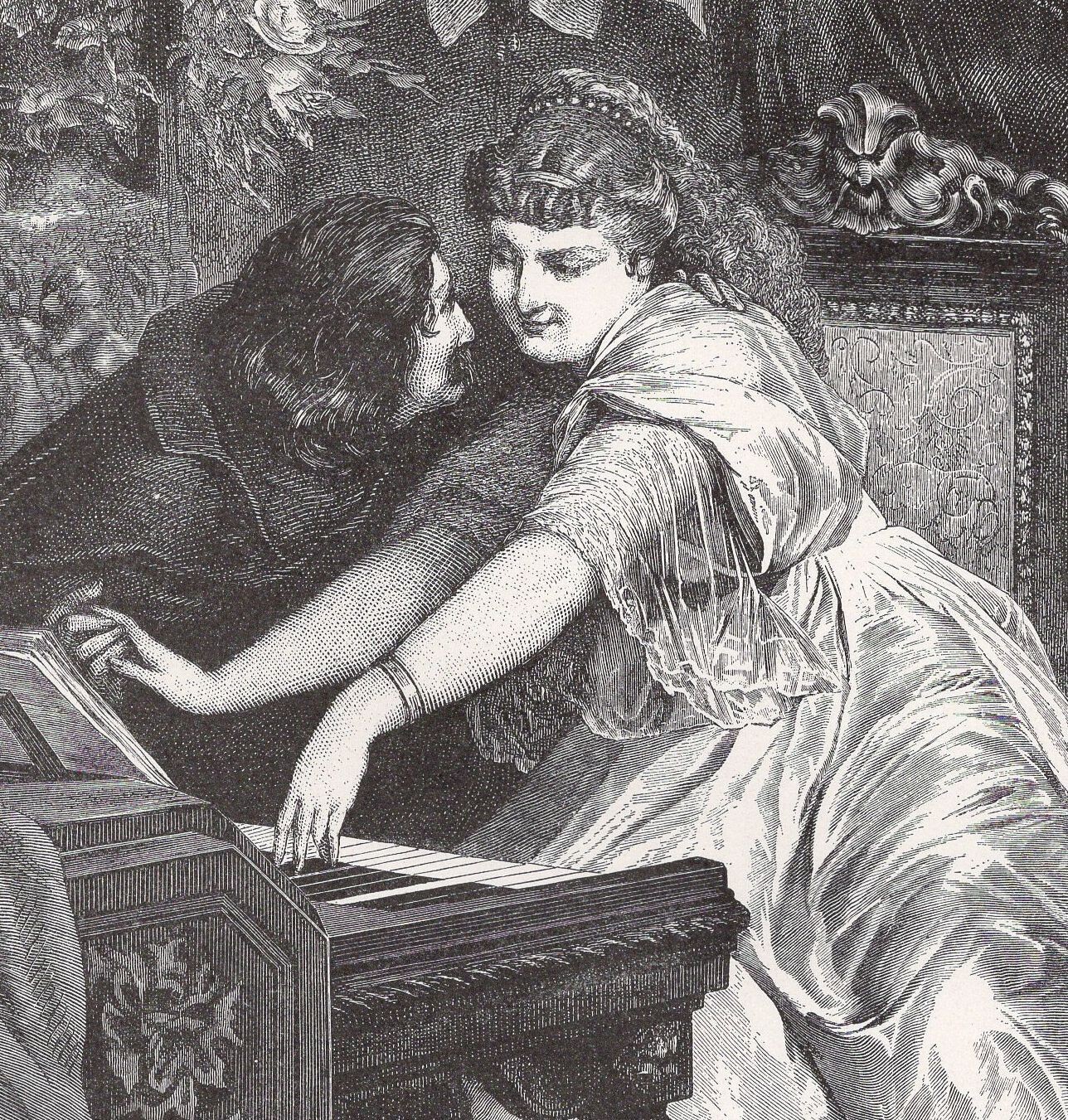 ROSINA AT PIANO – Opera Scene Romance Doberman Rossini 1894 Antique Engraving