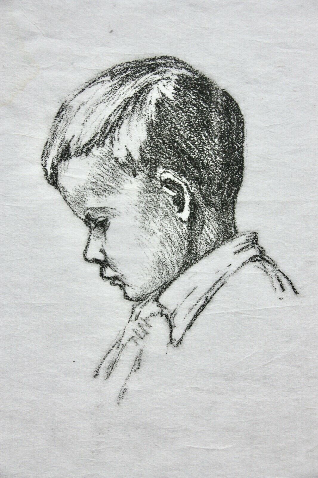 Head of a Little Boy, Impressionist Chalk Lithograph on Japan Paper