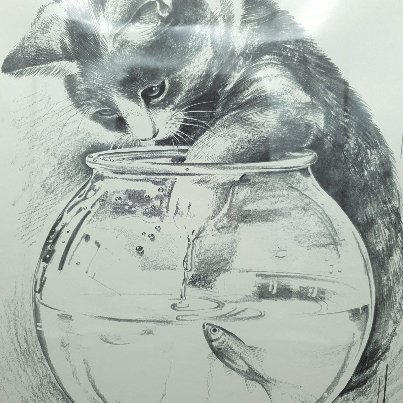 Pollyanna Pickering Framed Sketched Cat & GoldFish bowl Gold Frame L32x H42cm