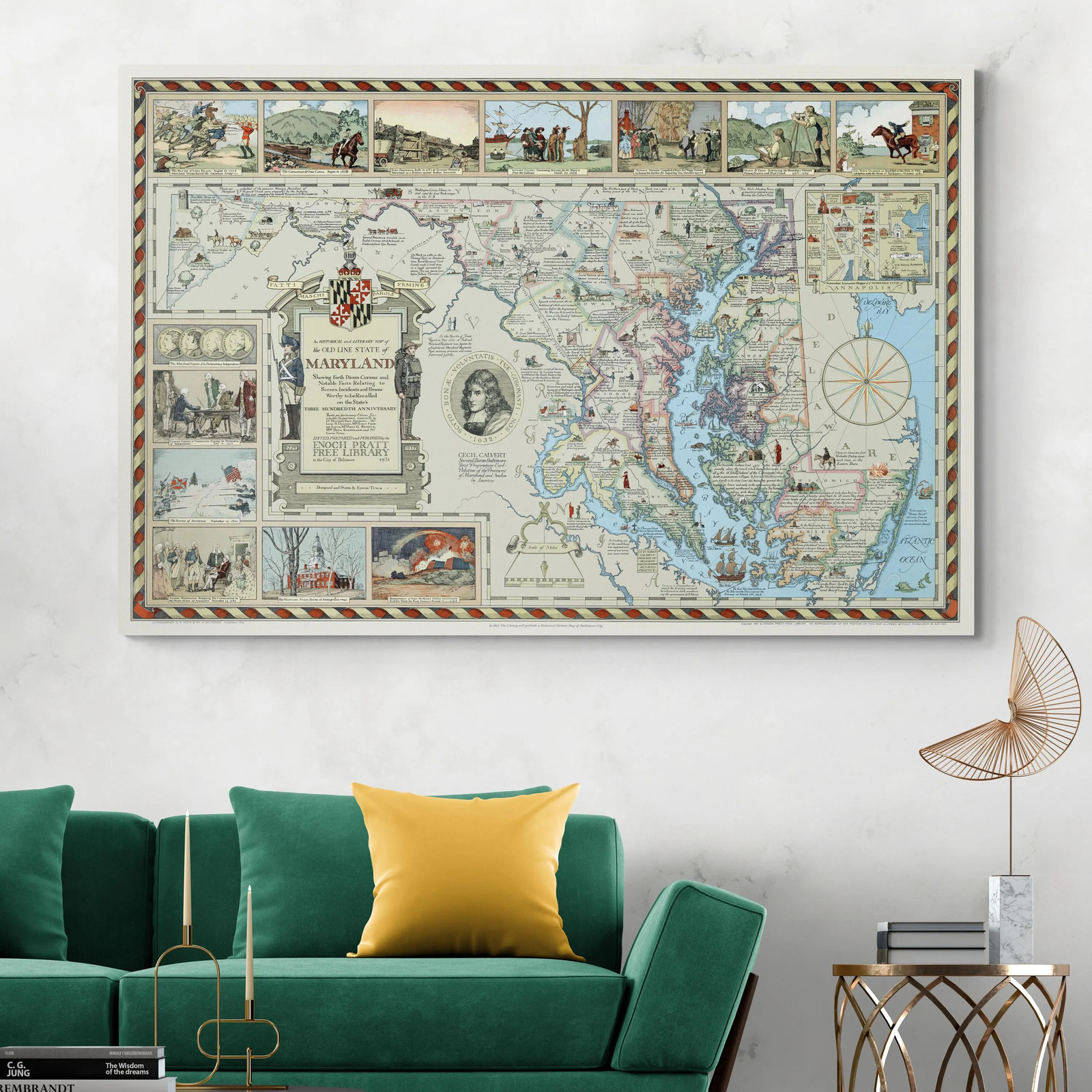 Pictorial History Map of Maryland – Landmarks, Events, Cities, Rivers & Culture