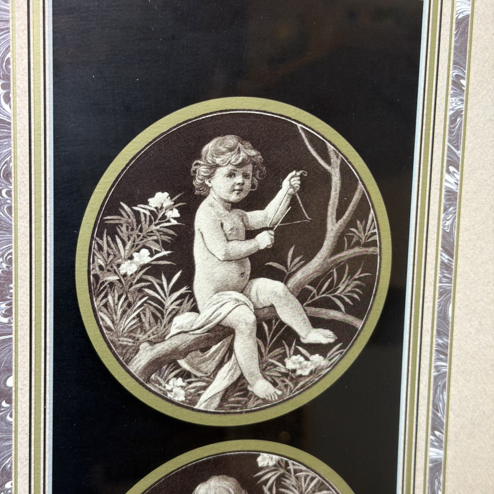 Neoclassical Cherub Baby Cameos in Gold Frame Art Vintage 90s 21.25” x 9.25”