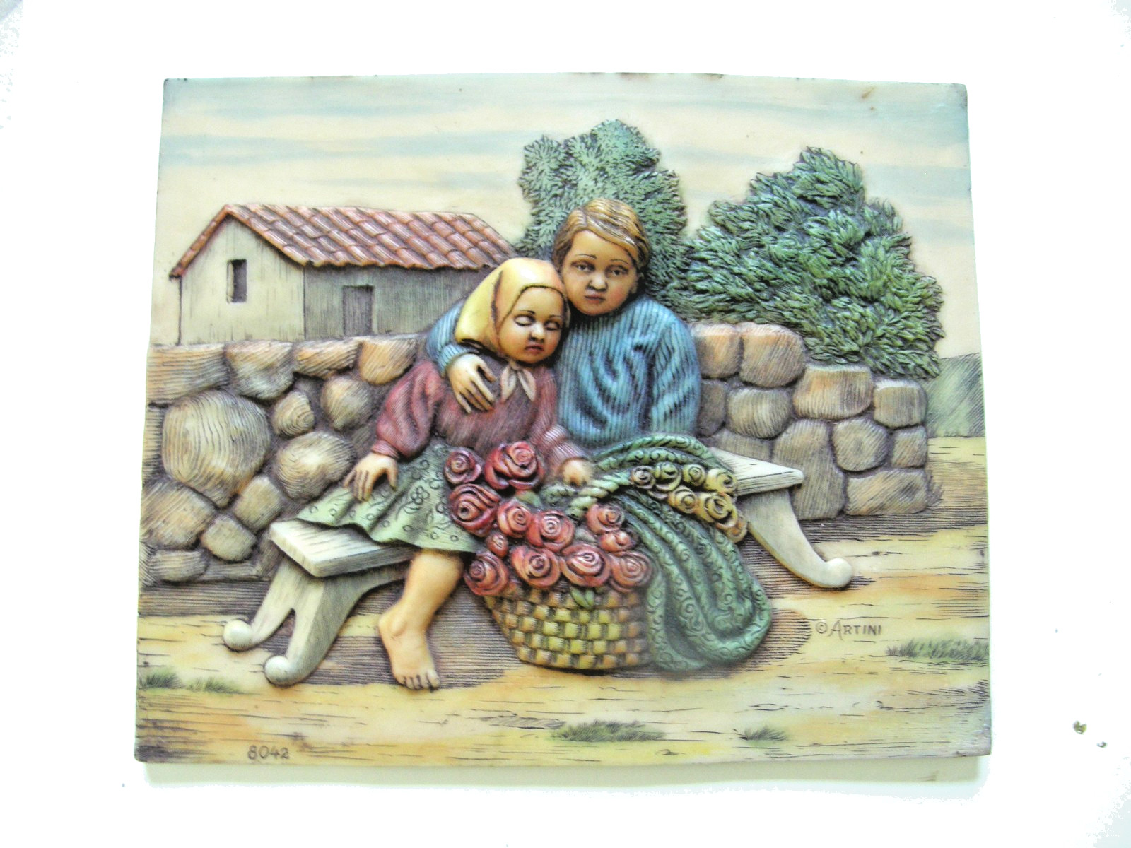 ARTINI 3 Dimensional Resin Art Print- Peasant Boy & Girl w/ Basket of Flowers