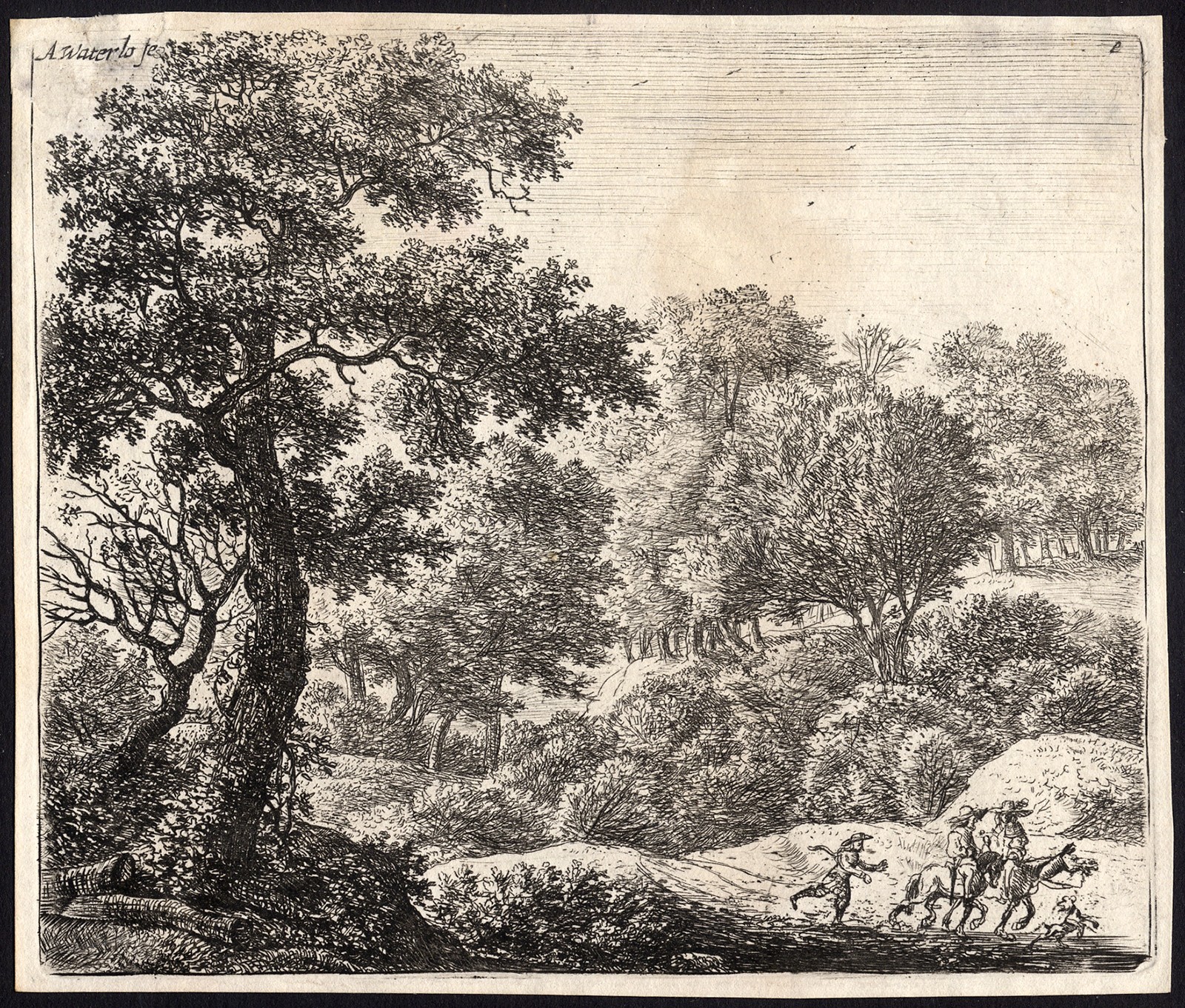 Antique Master Print-FOREST-LANDSCAPE-TRAVELLERS-Anthonie Waterloo-ca. 1720