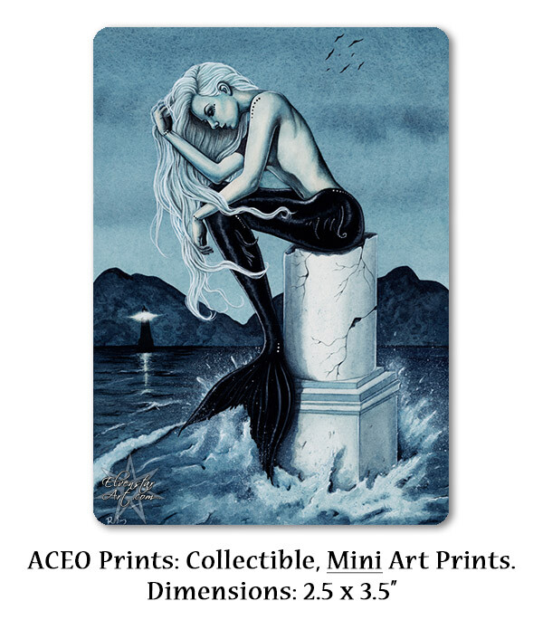 Mermaid Art ACEO PRINT Gothic Fantasy Stormy Sea Ocean lighthouse dark night