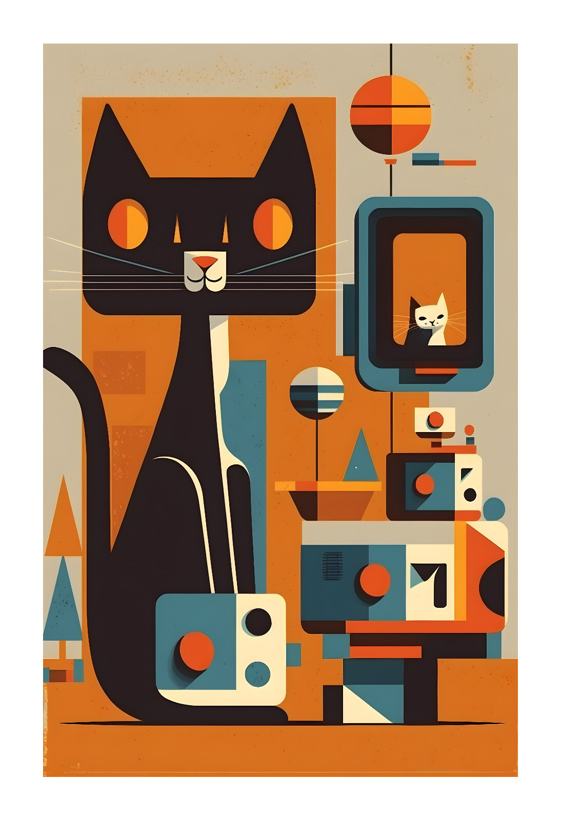 1960s Kitschy Cubism Cat Art Print sh1