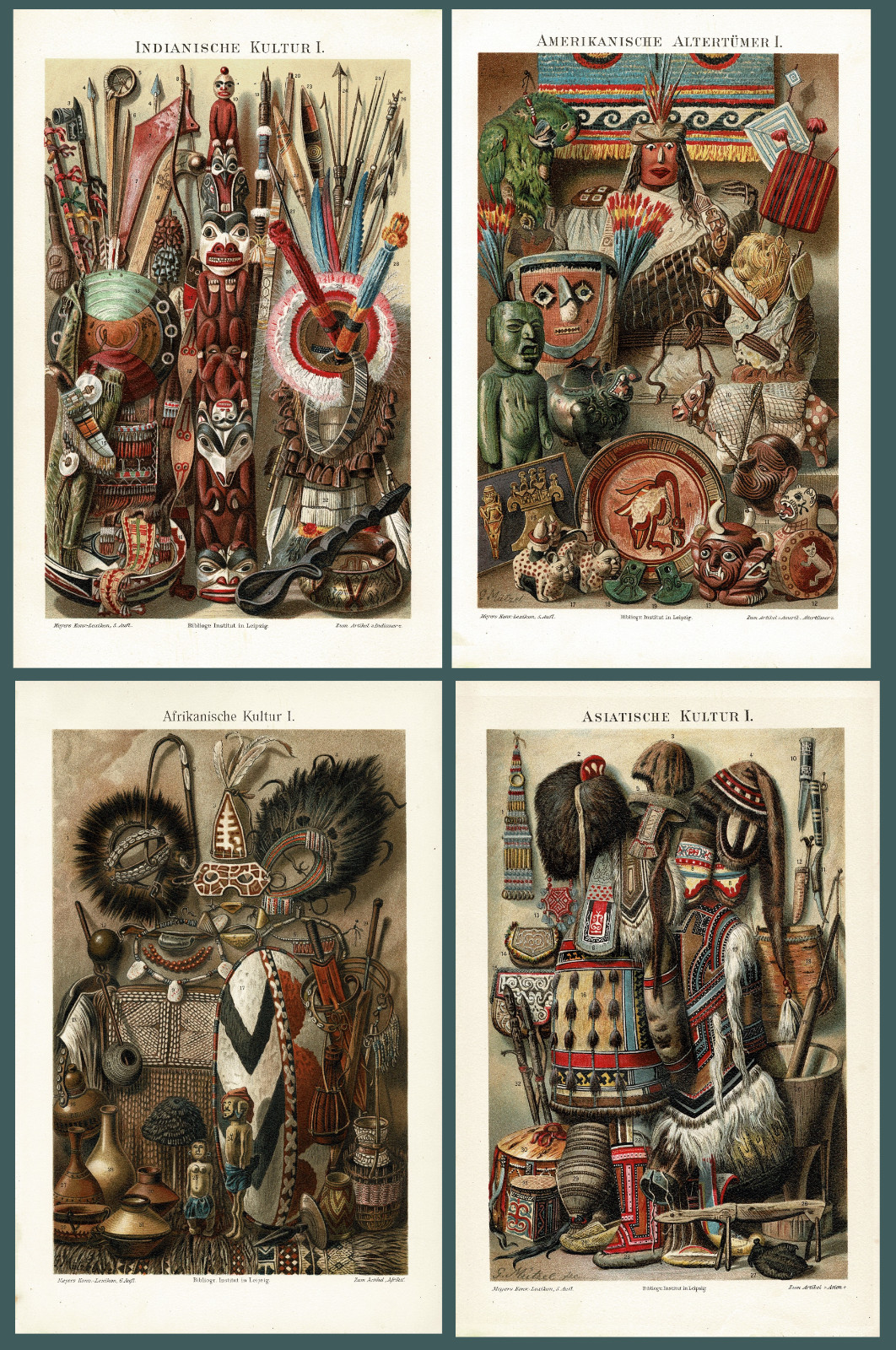 Antiquities and Cultural Objects America, Asia, Africa 4 Chromolithographs 1898