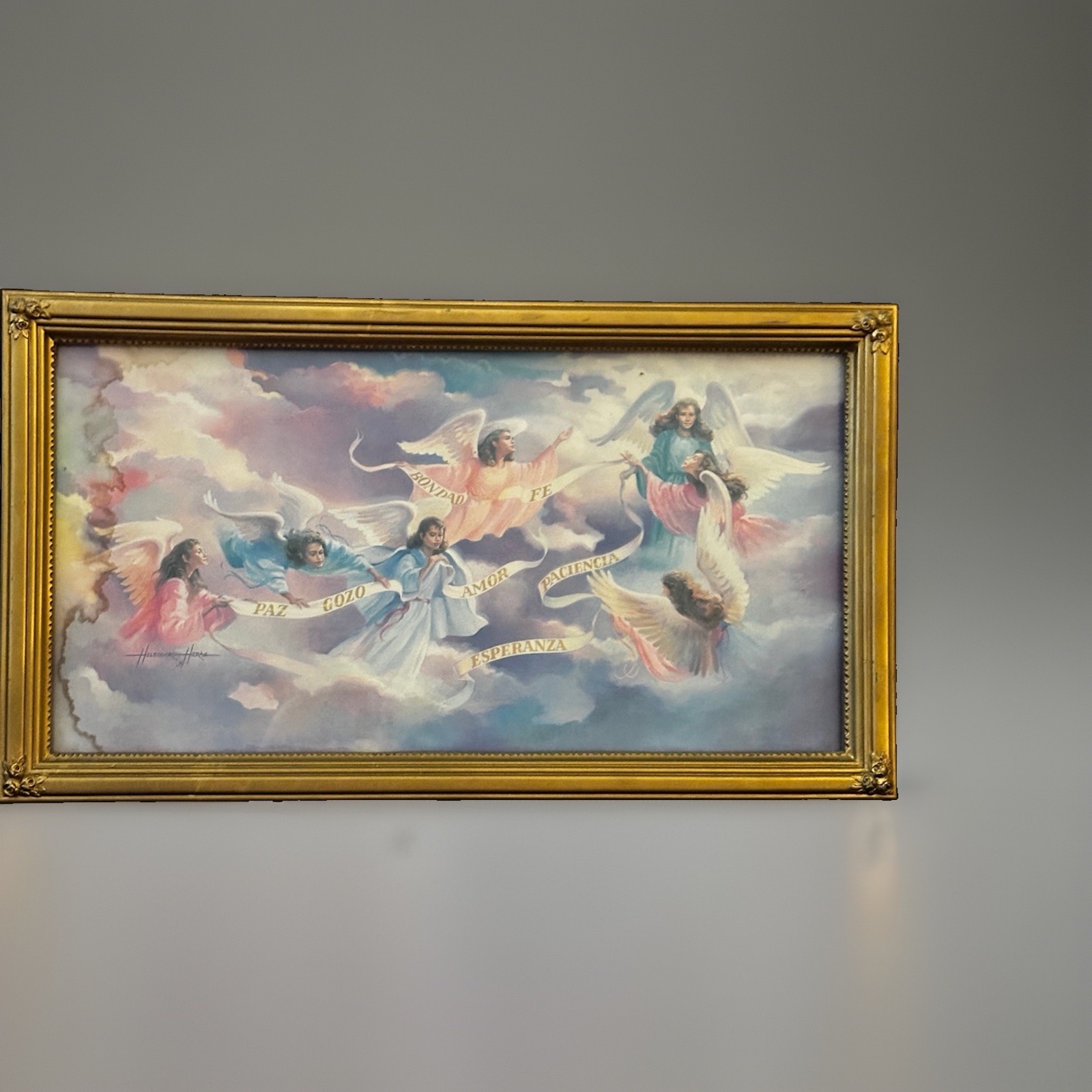 HELEODORO HERAS, ART… Depicting SPANISH ANGELS, 20 1/2 x 11 1/2 Framed & Signed