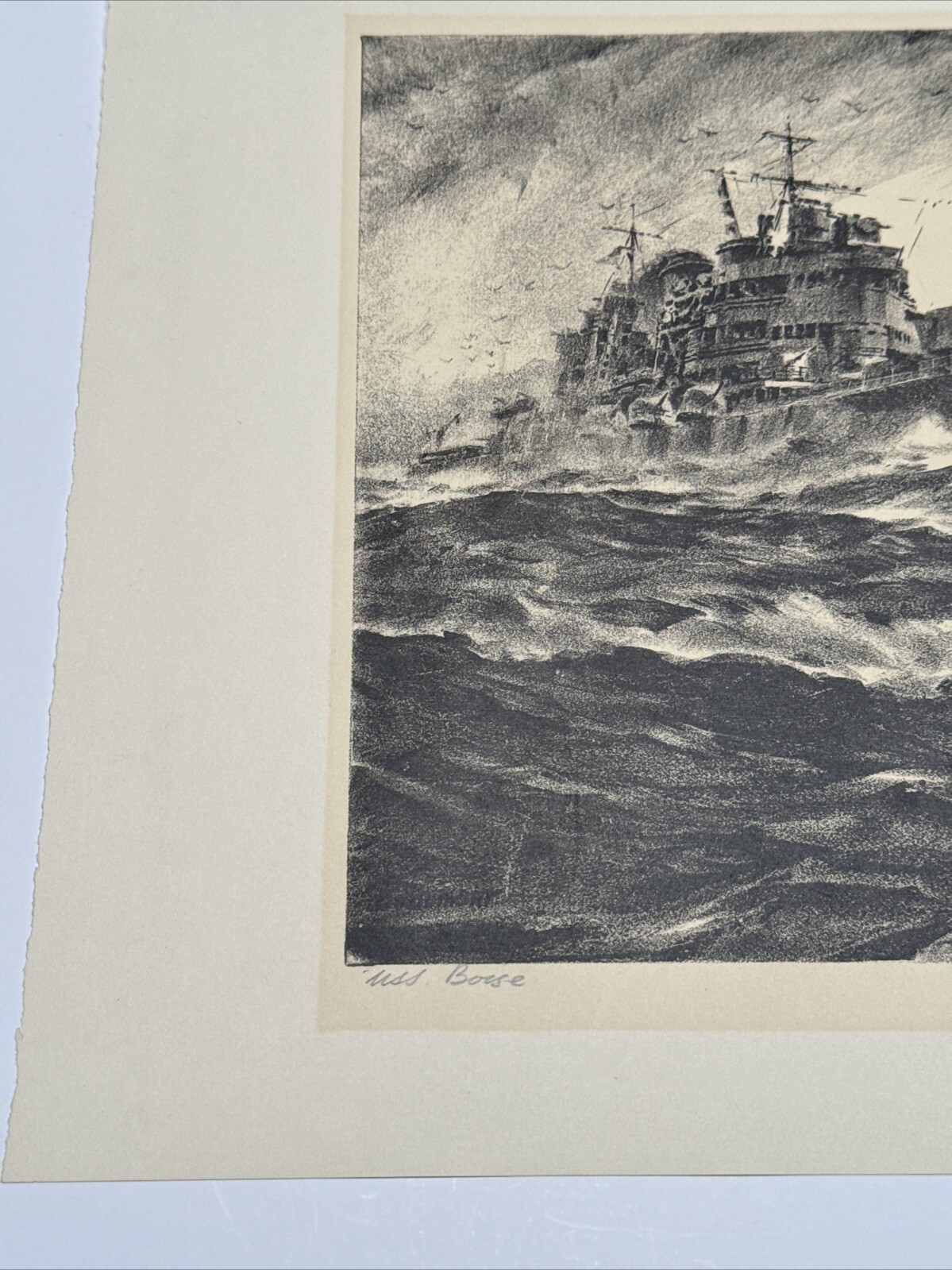 ARTHUR BEAUMONT LITHOGRAPH AMERICAN WPA STYLE NAUTICAL BOISE WAR SHIP SIGNED