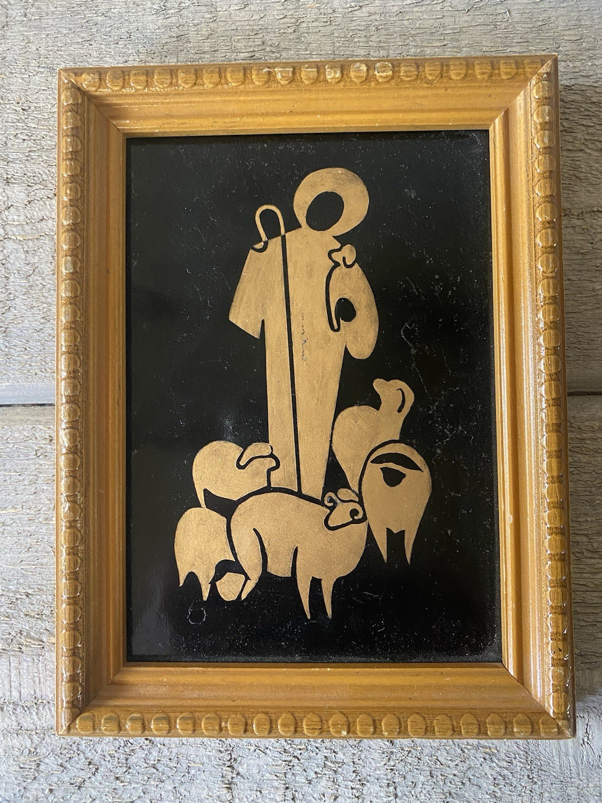 Vintage Block Print Mid Century Modern Shepherd With Flock 9” X 7”