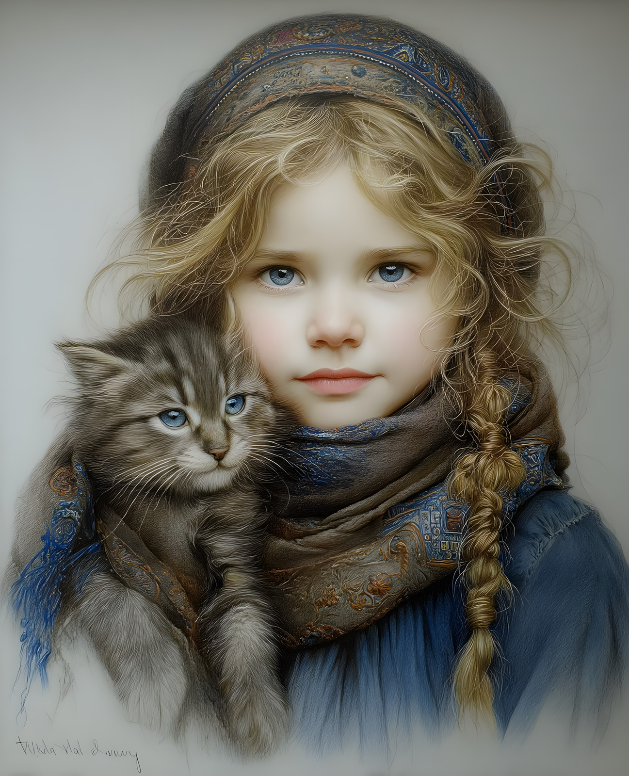 8×10 Cozy Storybook Little Girl with Cat Art Print Cottagecore – 434920682