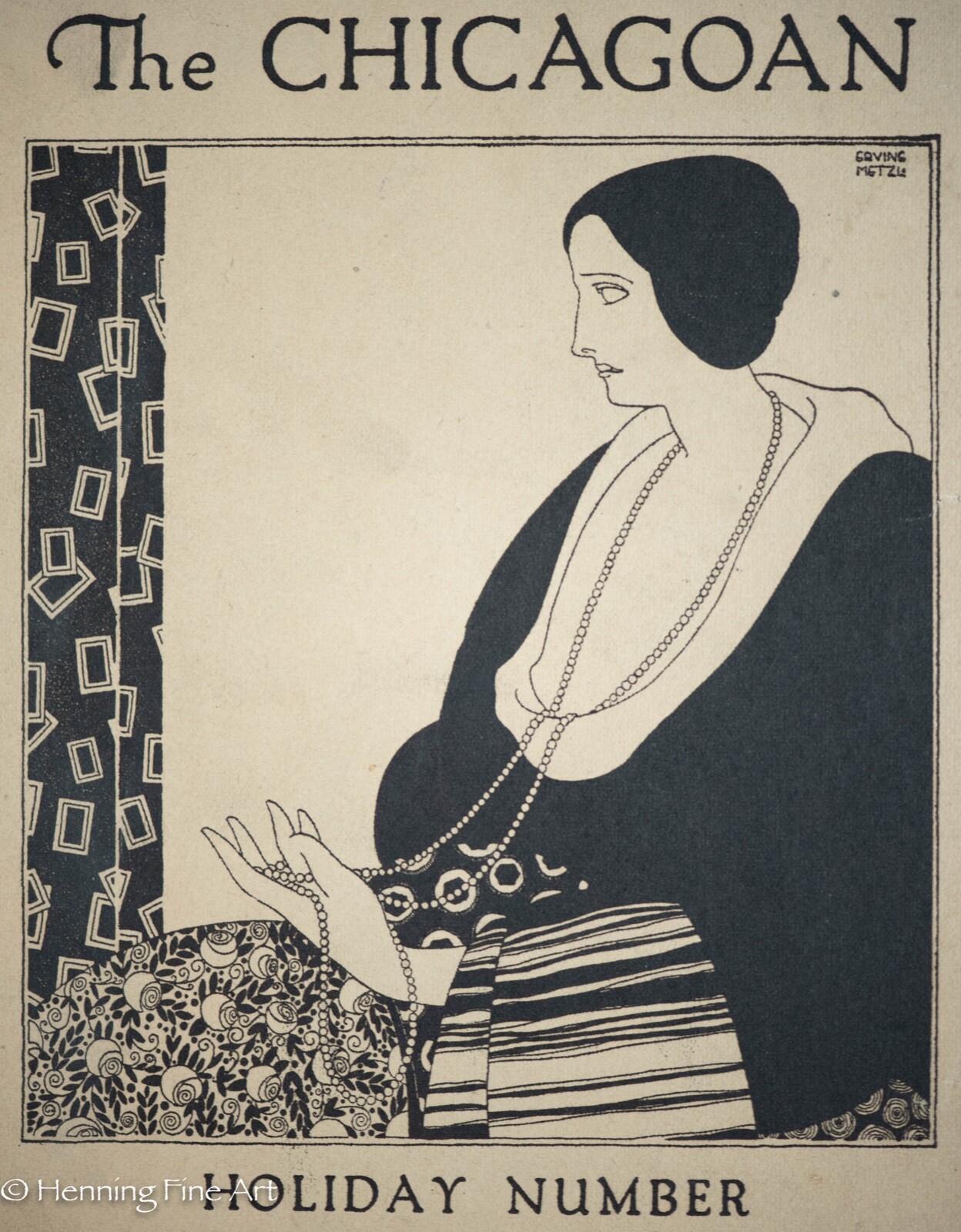 Antique Woodcut Illustration The Chicagoan Holiday Number w/ Seated Woman