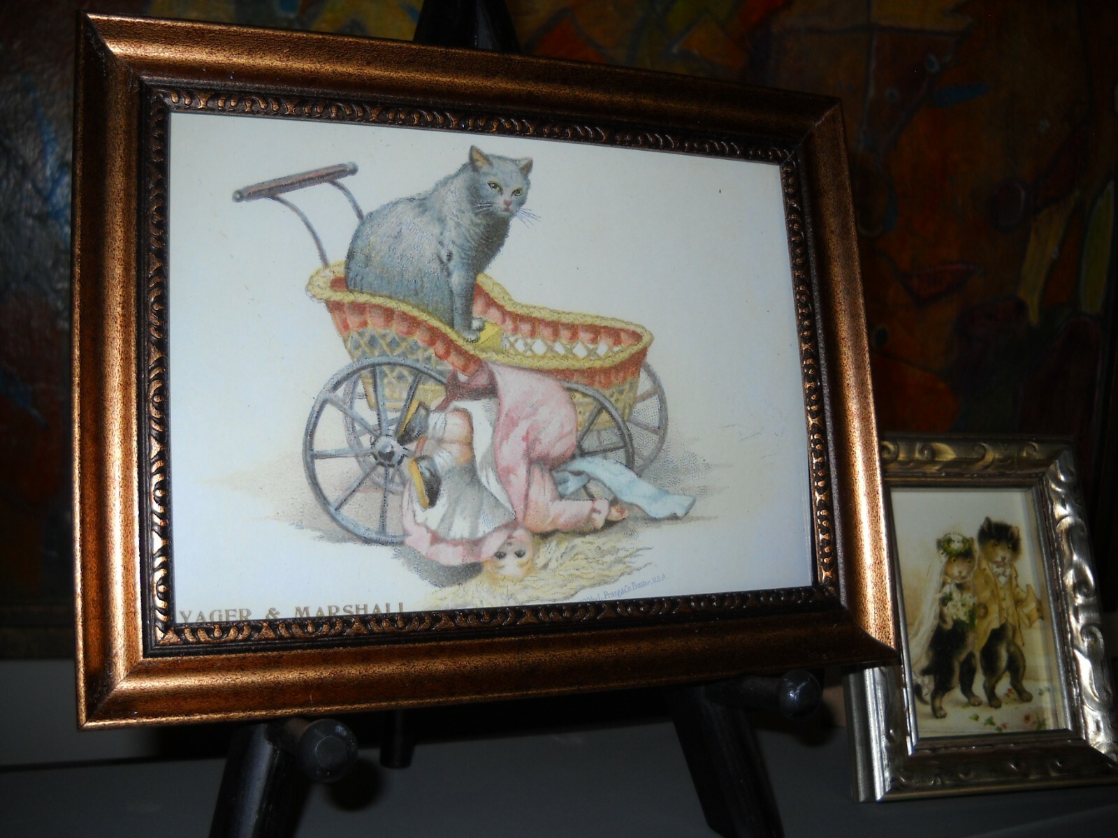 DRESSED FROGS PLAY TENNIS 4 X 6 brown framed animal picture Vintage style print