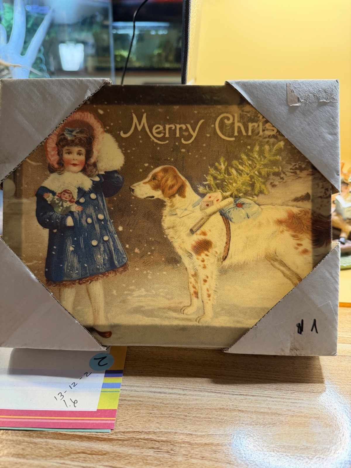 Vintage Retro Happy Holidays, Cute girl with dog, Victorian Canvas Print