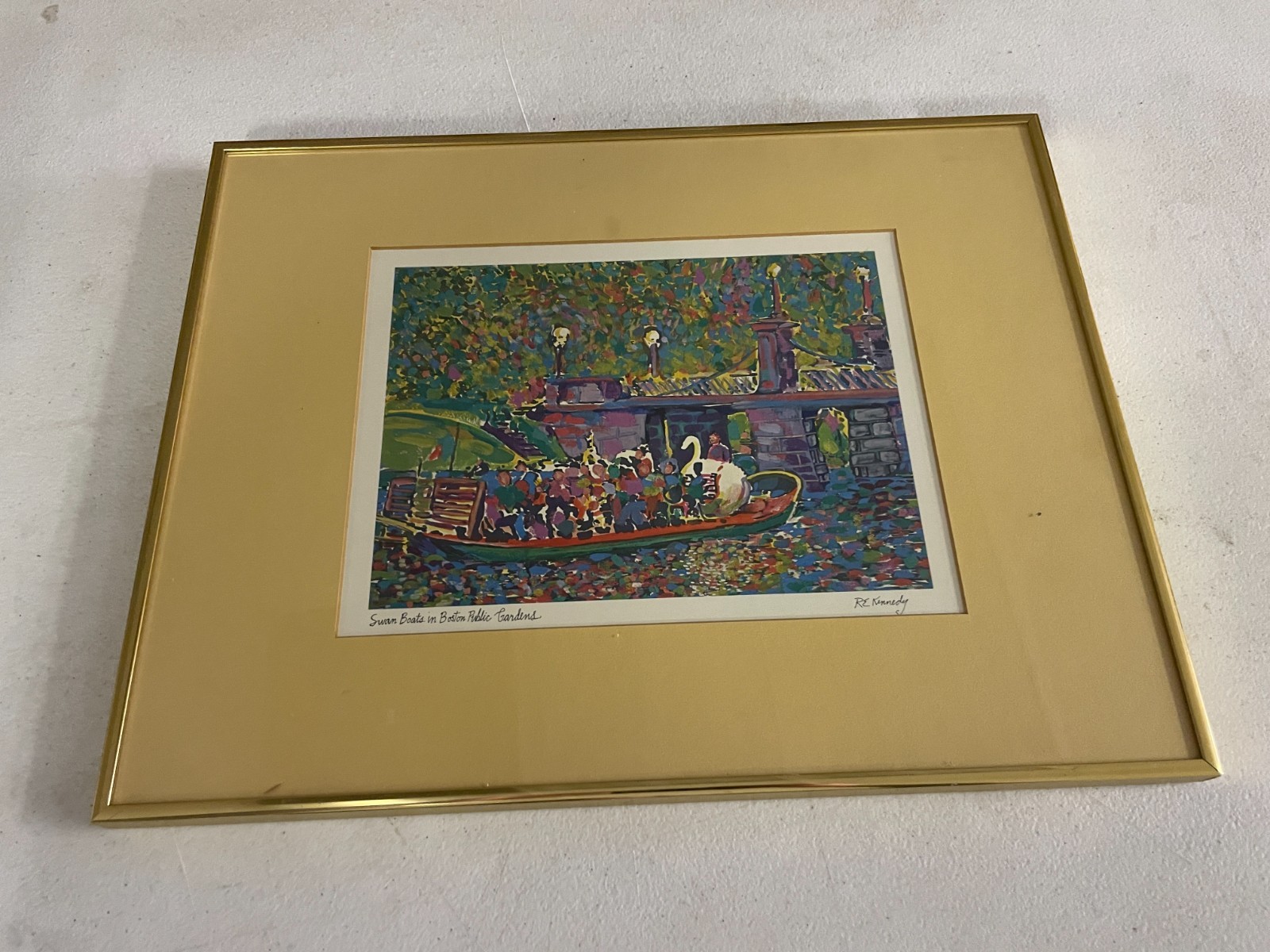 Vtg Swan Boats in Boston Public Garden Art by artist R.E. Kennedy Studios Framed