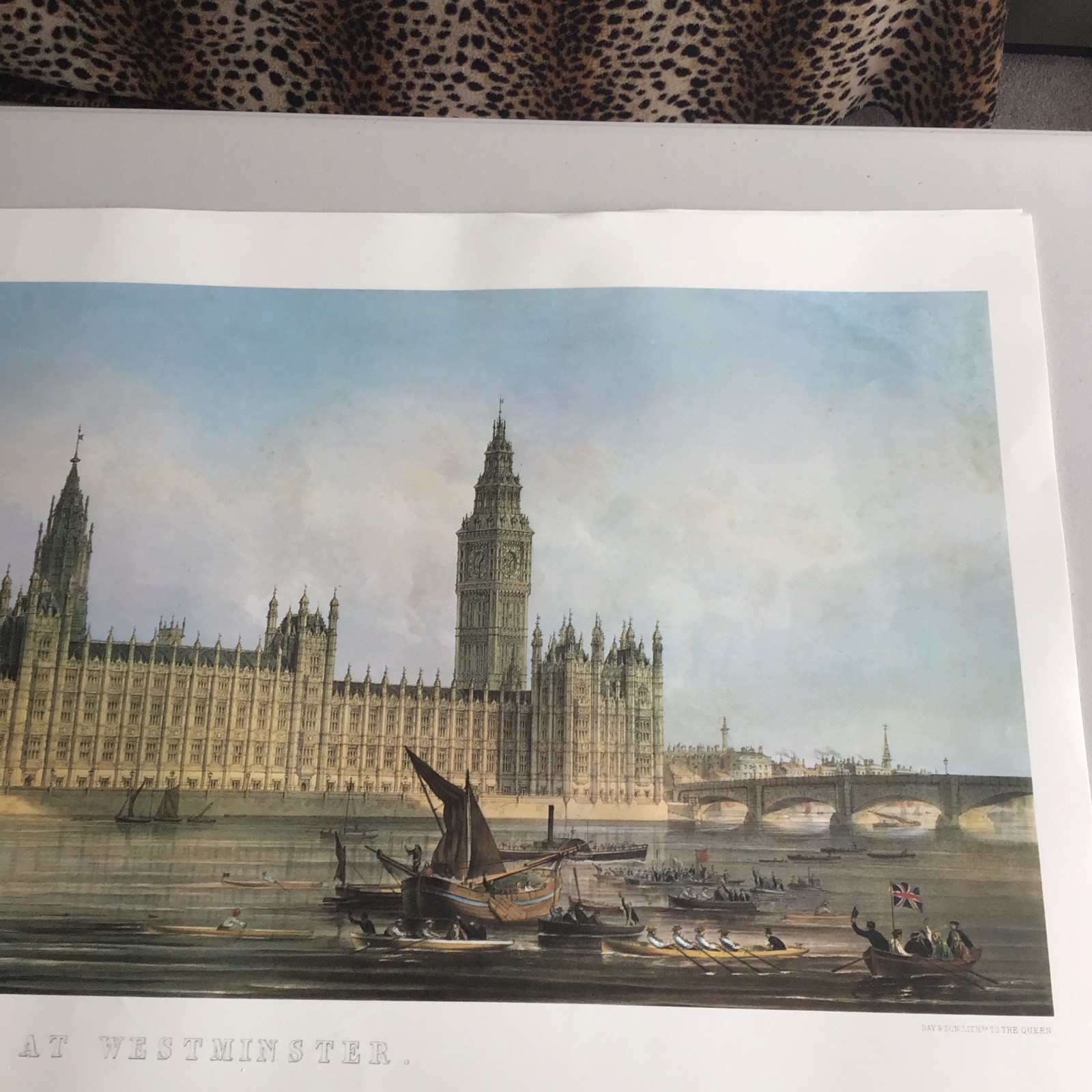 A LARGE ANTIQUE PRINT OF THE NEW PALACE OF WESTMINSTER LONDON