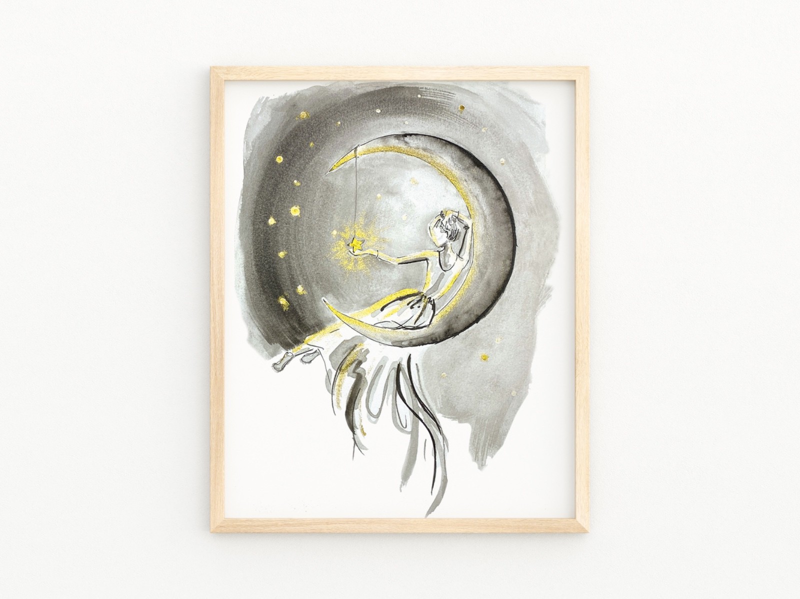 Woman sitting on the Moon Reaching for the Stars Art Print: Black and Gold Boho
