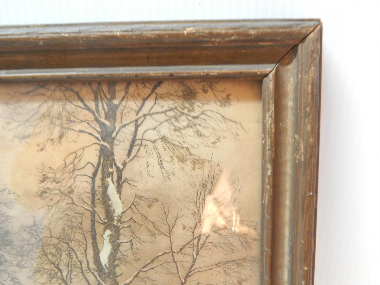 ANTIQUE VINTAGE NEW ENGLAND PRINT/WATER COLOR SNOWY SCENE ALPEN GLOW WET SIGNED