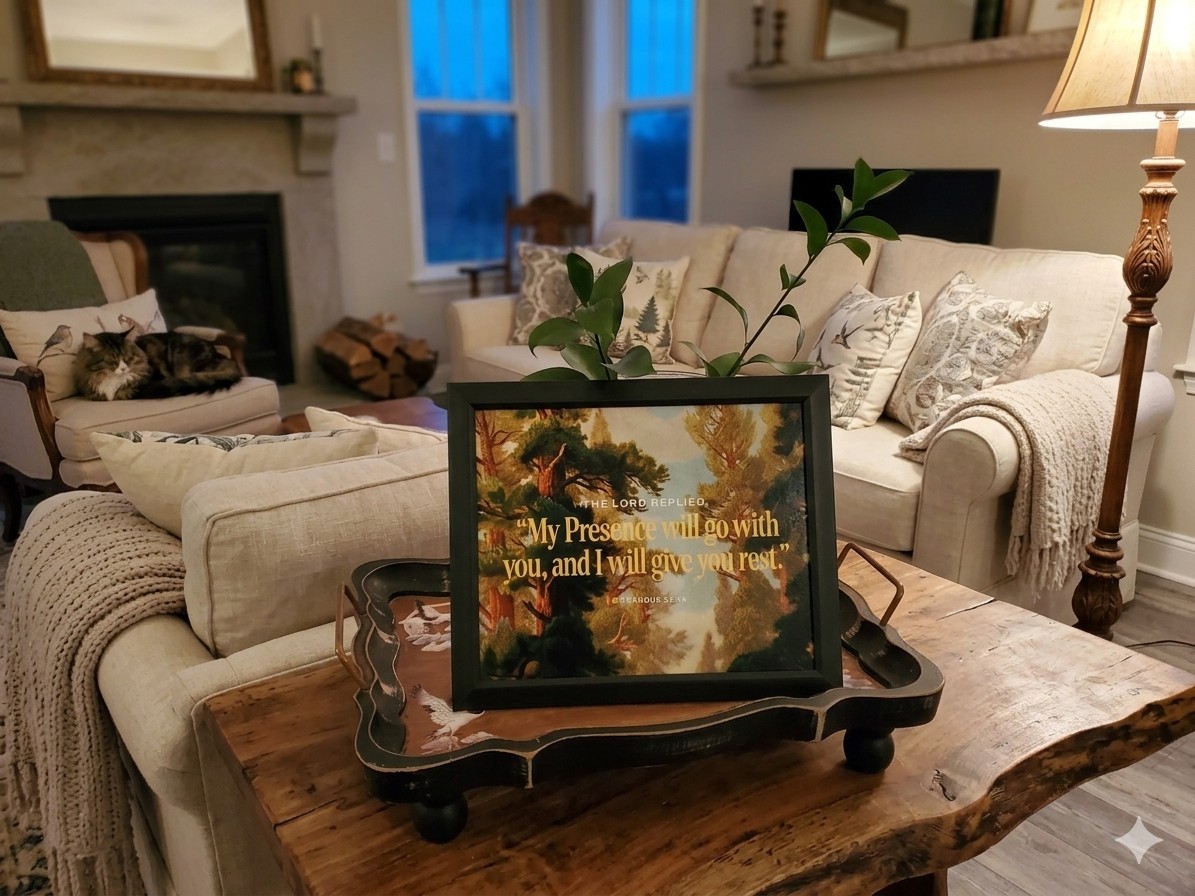 Framed 8 X 10 print Bible verse Exodus 33:14 overlaid on a landscape painting