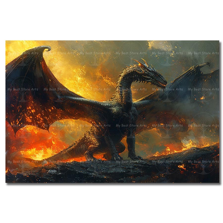 Dragon Landscape Art Print, Artistic Volcanic Winged Poster, Collector Decor