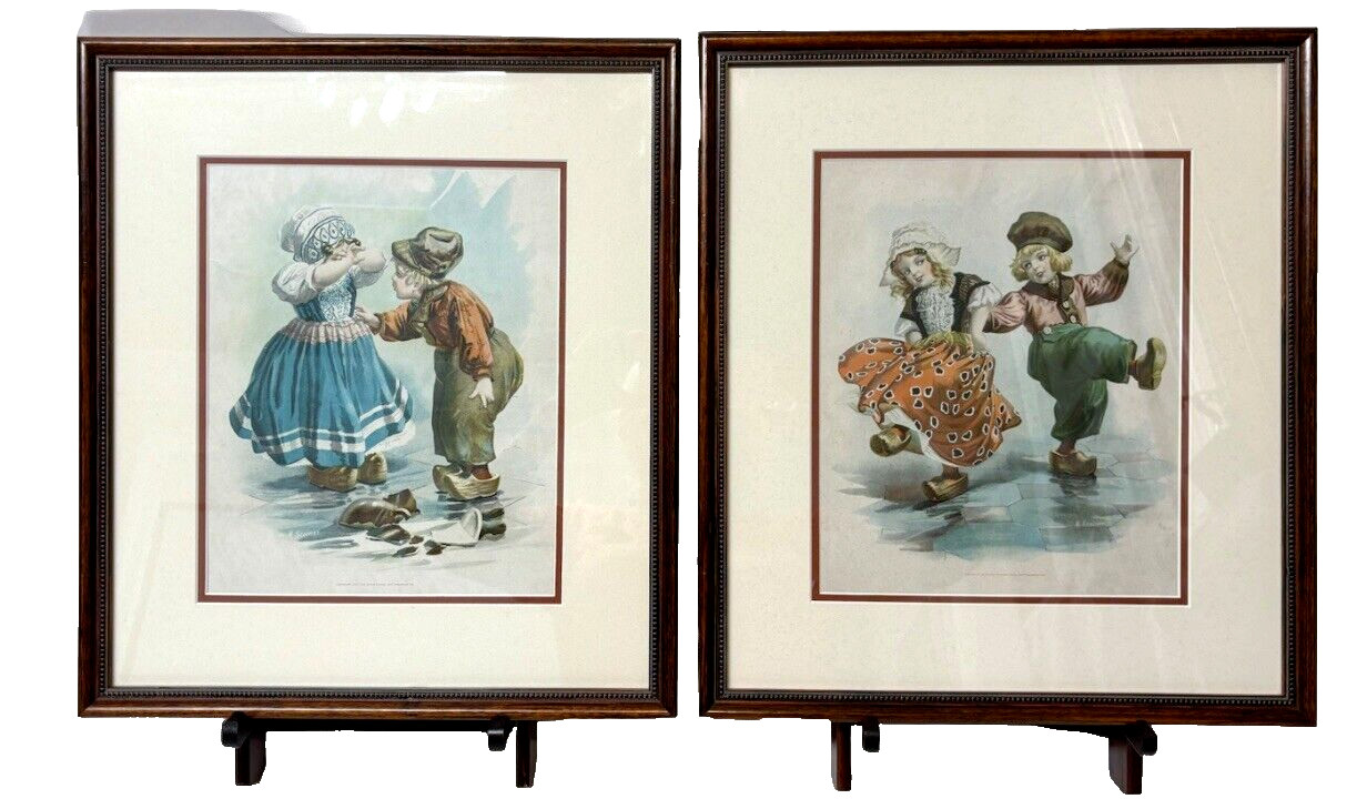 Pair of 1907 M. Greiner Art Dutch Girl & Dutch Boy Lithographs Framed