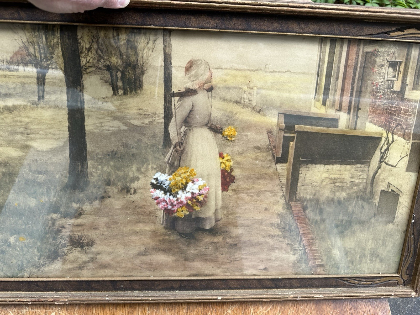 Antique George Hitchcock 14”x28” Lithograph Flower Girl In Holland w Best Frame