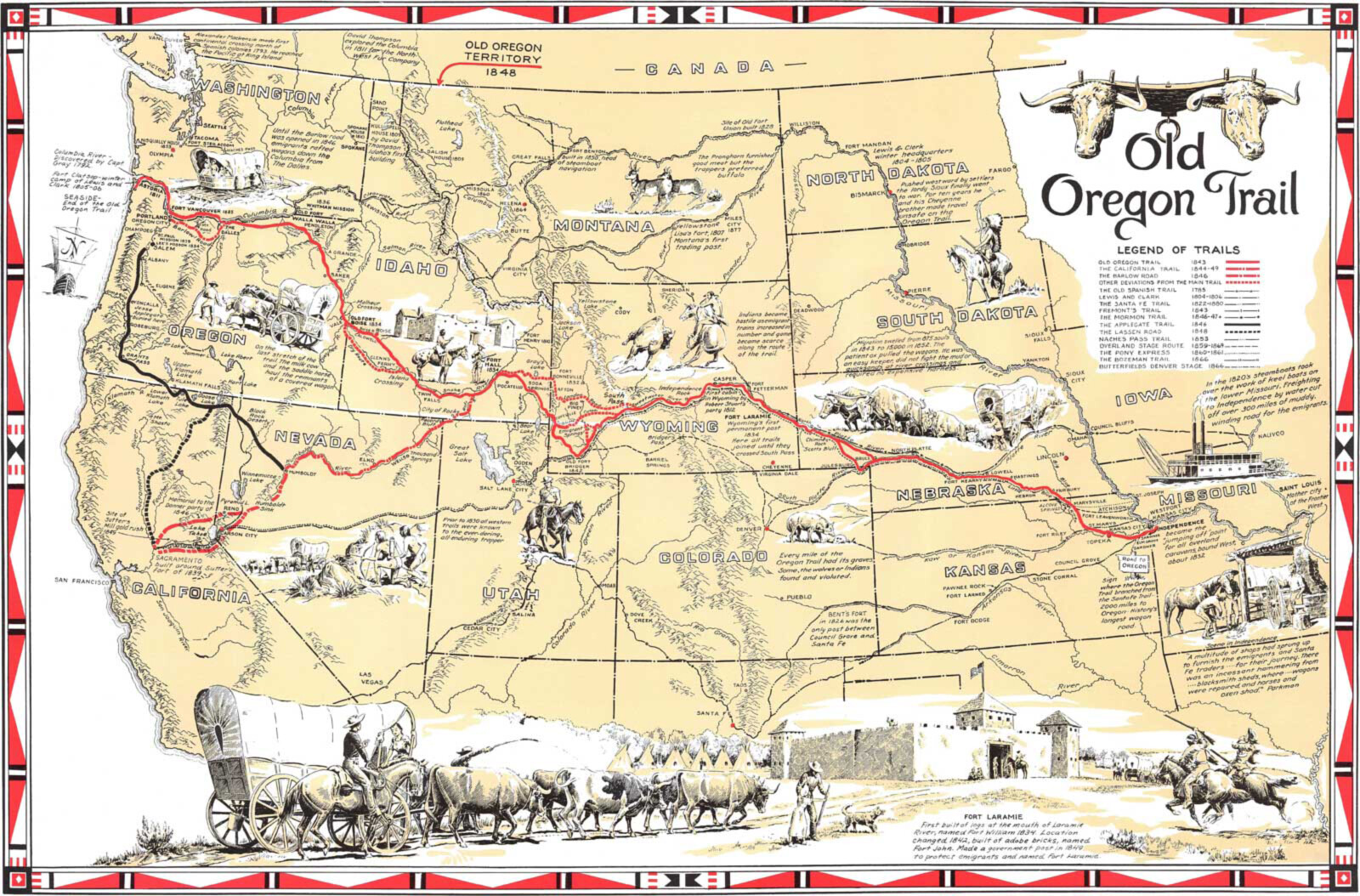 Mid-Century Western United States Map Oregon Trail Wall Art Poster Print Decor