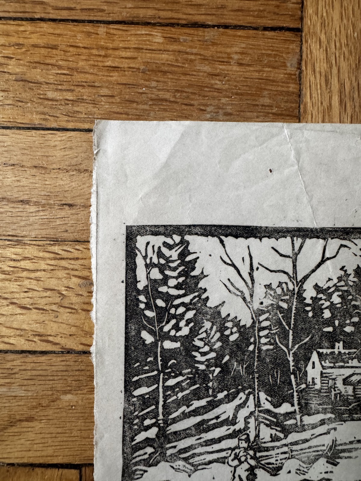 Vintage 1920s Woodblock Print Rustic Hunting Cabin Scene Americana 5.5″ x 8″
