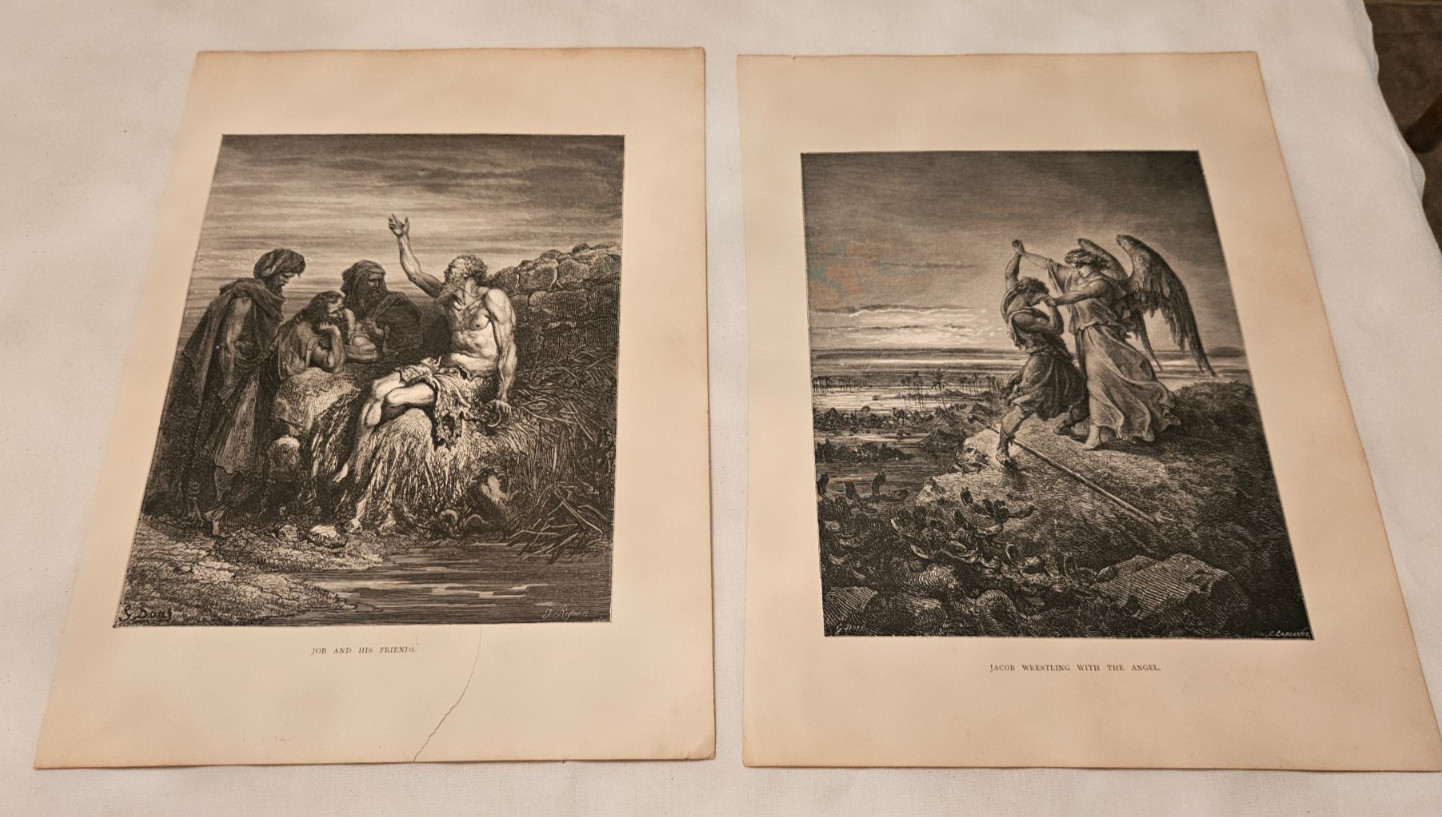 2 Gustave Doré 1855 Biblical Engraving Jacob Wrestling W/Angel & Job & Friends