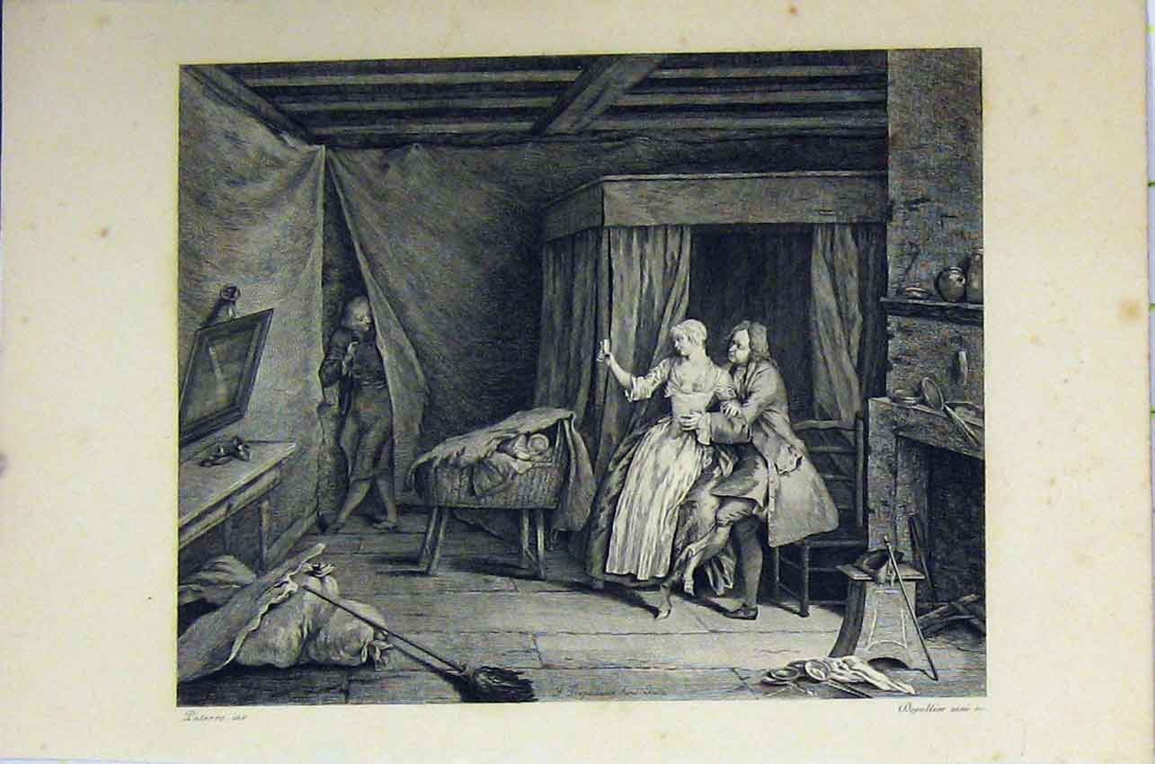 Original Old Antique Print Man Hiding C1850 Woman Romance Steel Engraving 19th