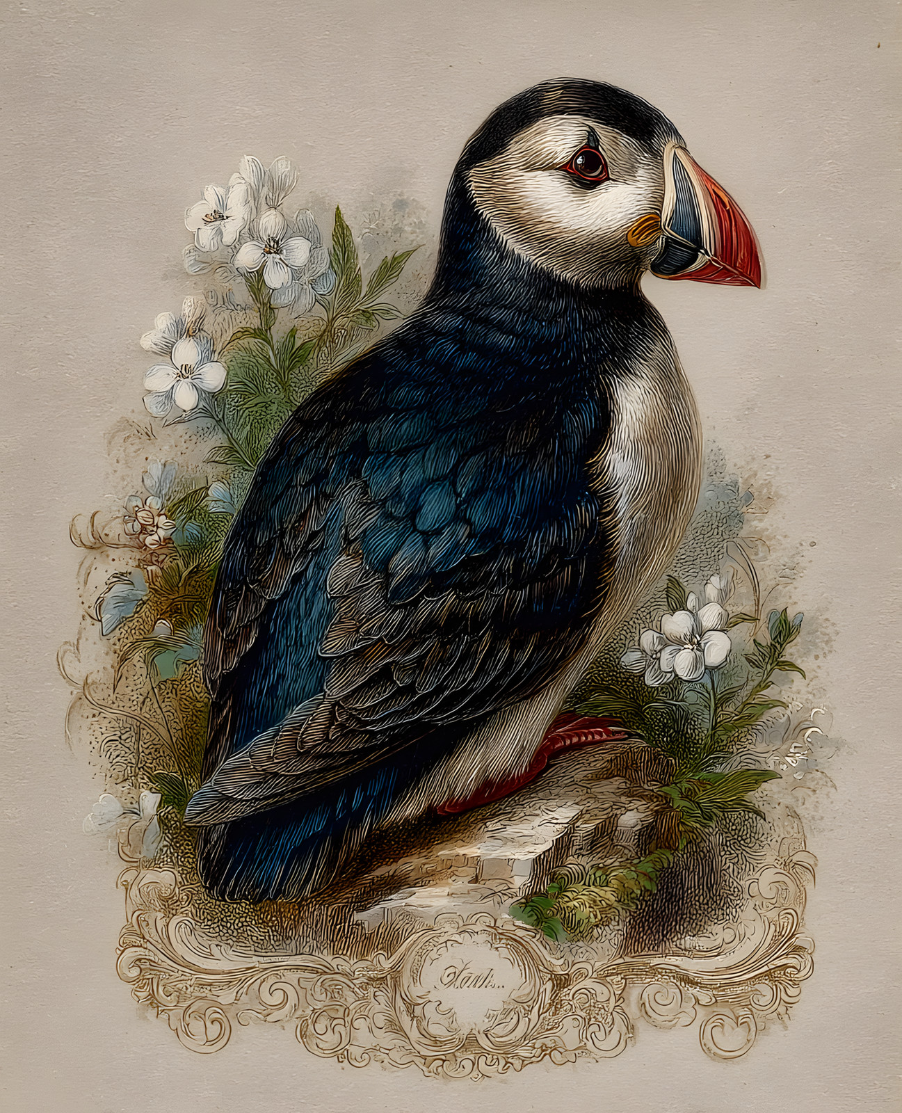 8×10 Puffin White Flowers Art Print – 661026706