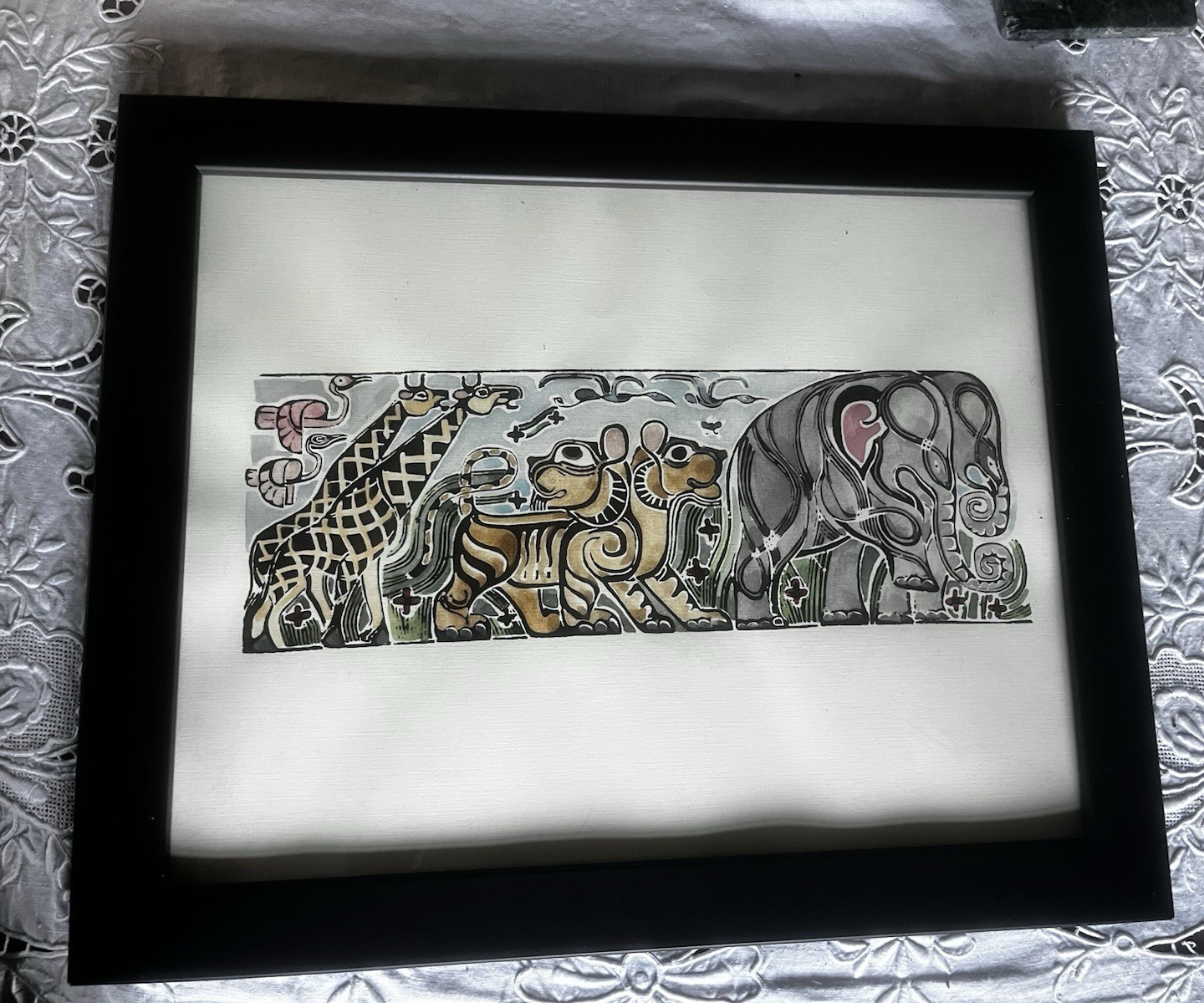 Walter Anderson Silk Screen, Animals 2×2, painted, 14×11 Frame NOT included