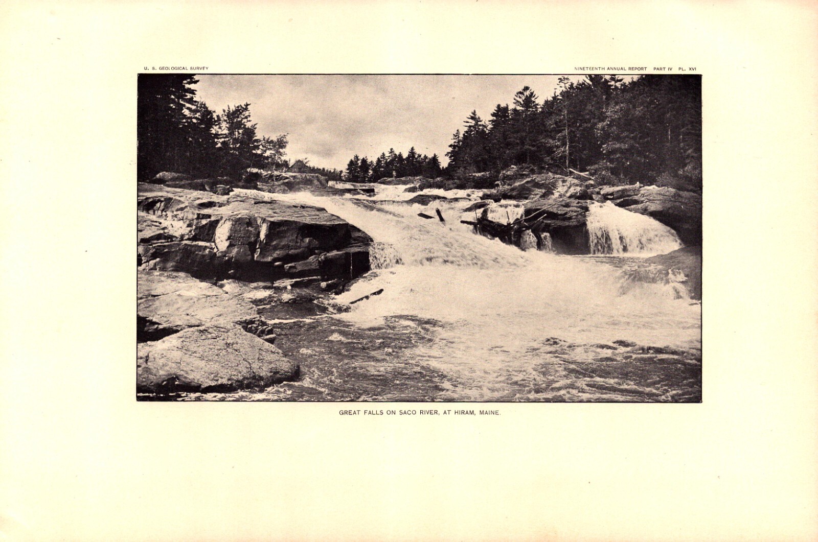 GREAT FALLS ON SACO RIVER, AT HIRAM, MAINE Antique hydrography print 1899
