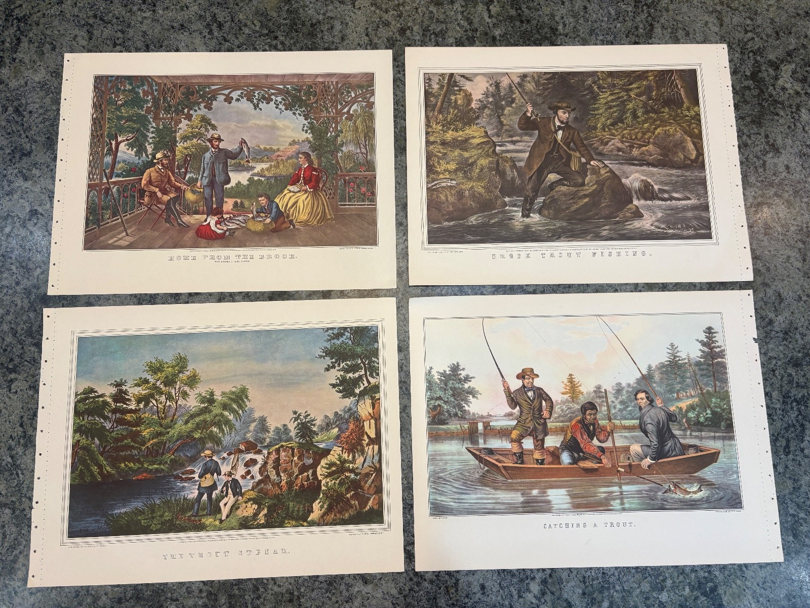 Trout Fishing Lithograph Prints by Currier and Ives Lot of 4 Easy to Mat & Frame
