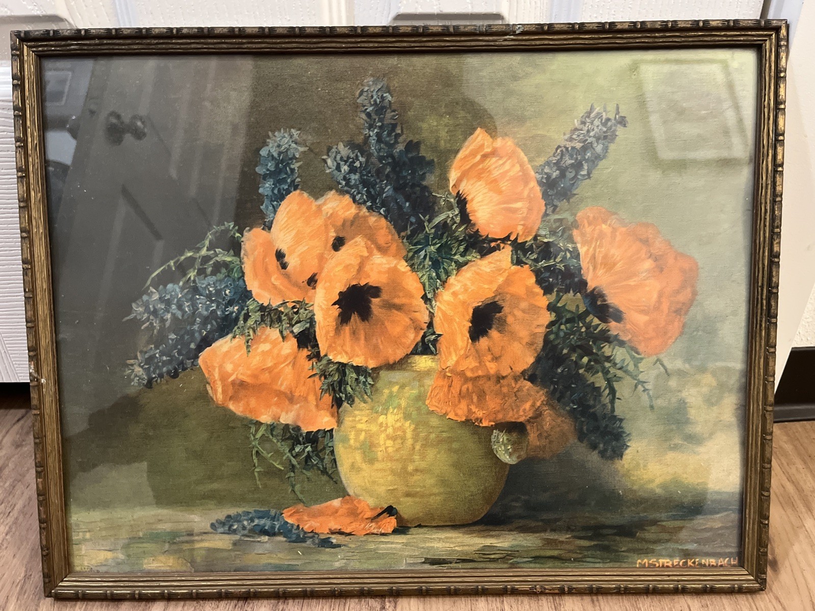 Vintage M Streckenbach Poppies Print USA Picture Flowers Vase Still Life Framed