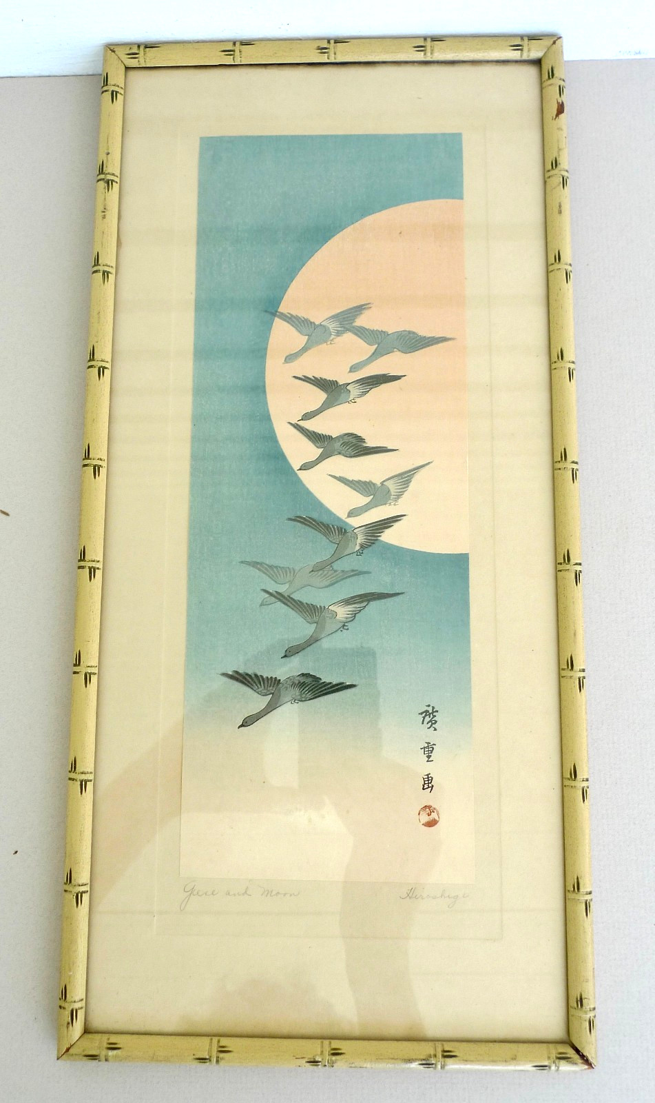 Original Japanese woodblock print Hiroshige geese moon vintage frame signed art