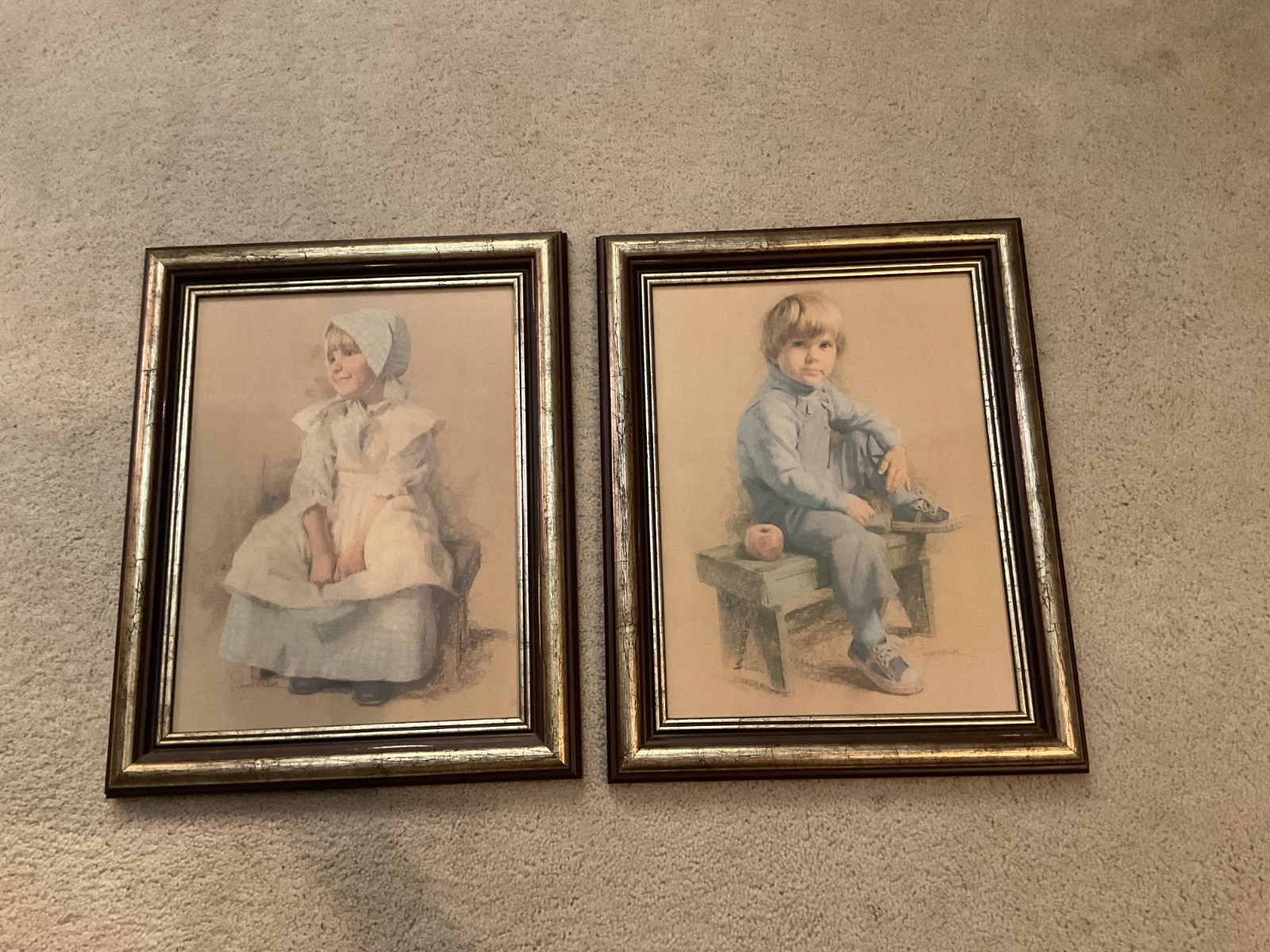 2 Vintage framed prints . Ingwersen . Gary Gretchen . Boy apple . Girl htf