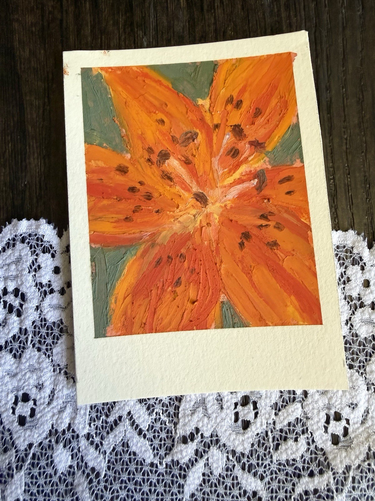 Original ACEO lilies oil pastel “warm petals” Signed 2.5×3.5
