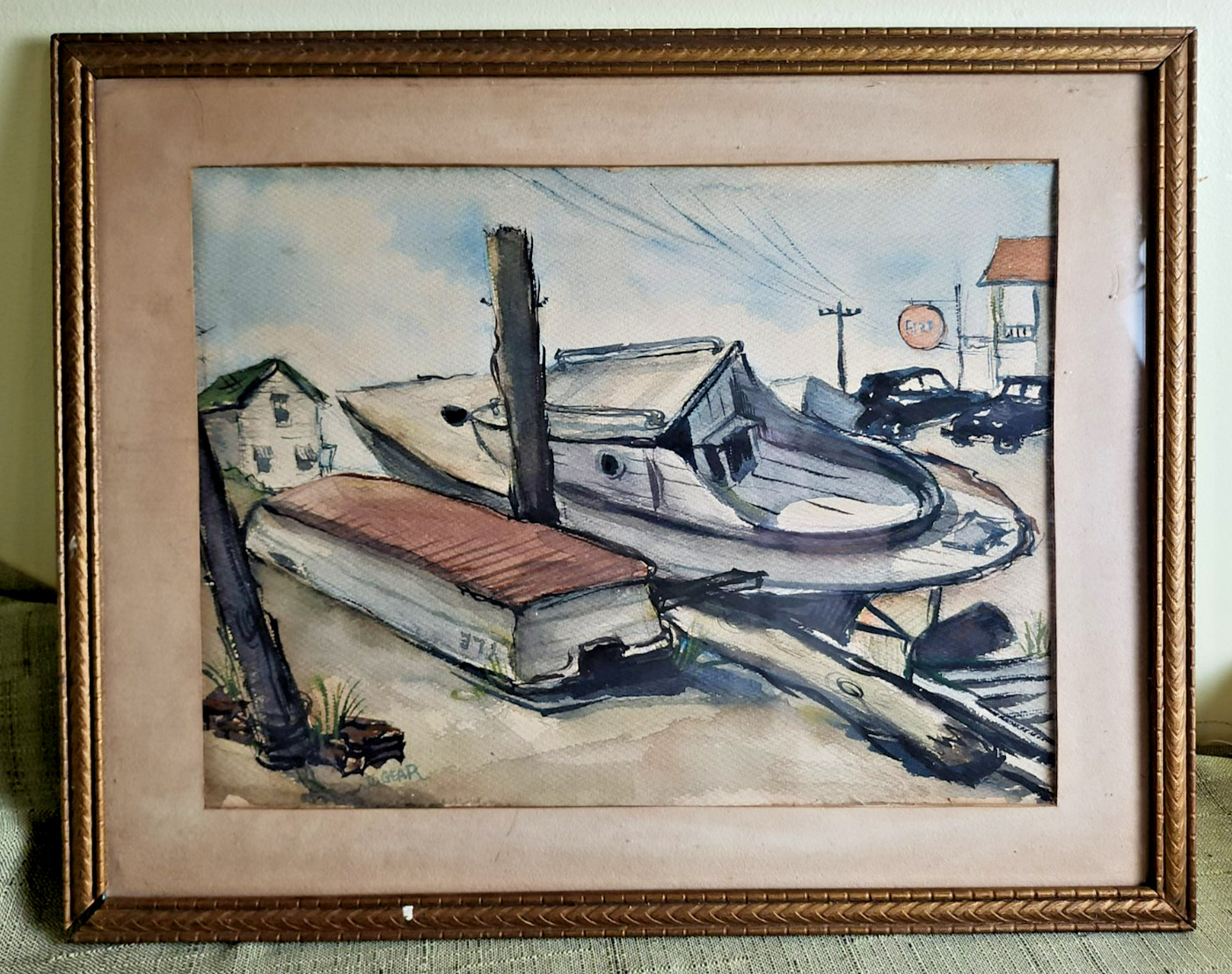 Vintage Beached Boats Framed Reprint Painting by Jo Gear, Retro Art Landscape