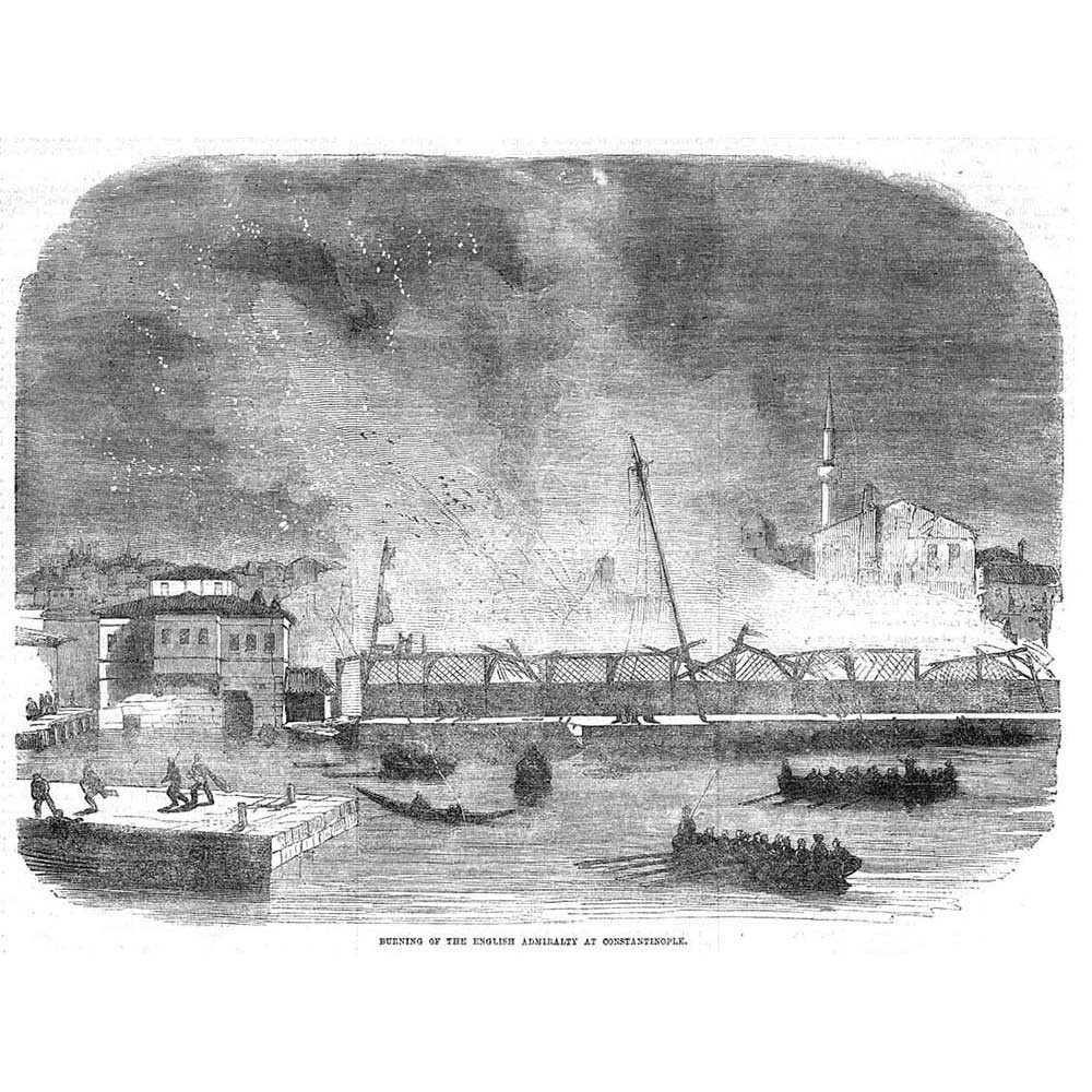 TURKEY Burning of the British Admiralty at Constantinople – Antique Print 1856