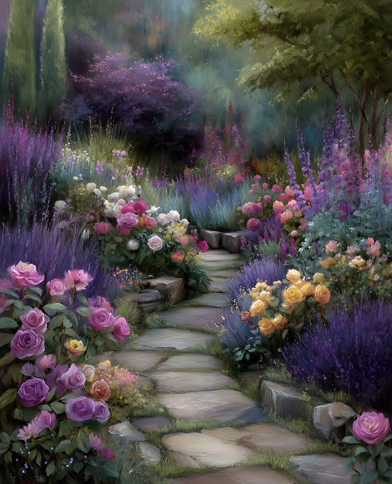 8×10 Cozy Storybook Garden with Flowers and Rocks Art Print Heritage – 940621604