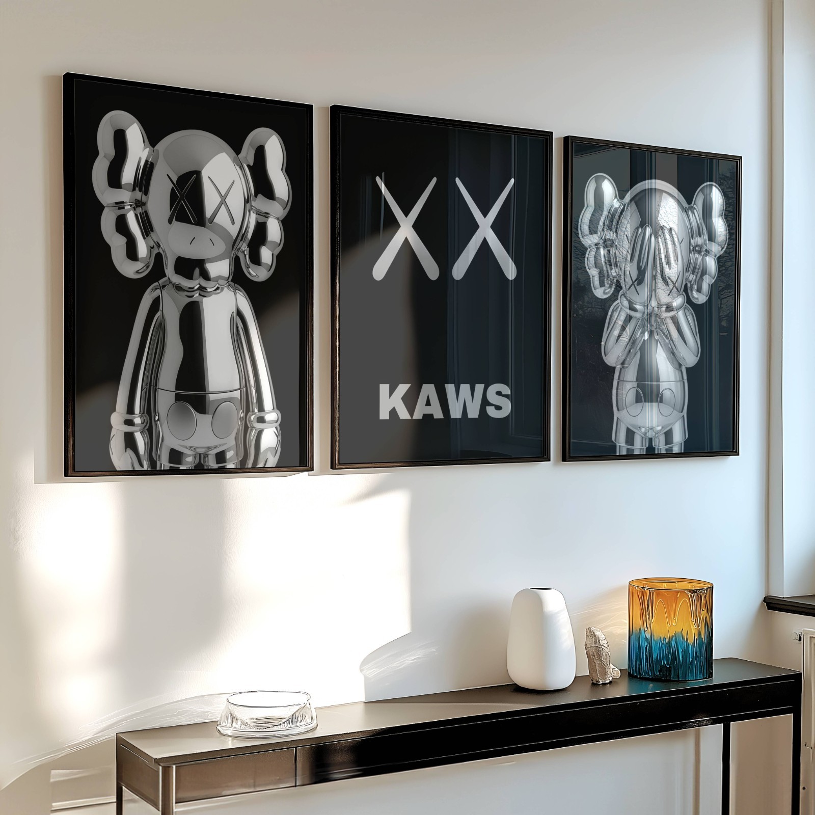 Set of 3 Silver Kaws Exhibition Posters Black Hypebeast Figure Wall Art
