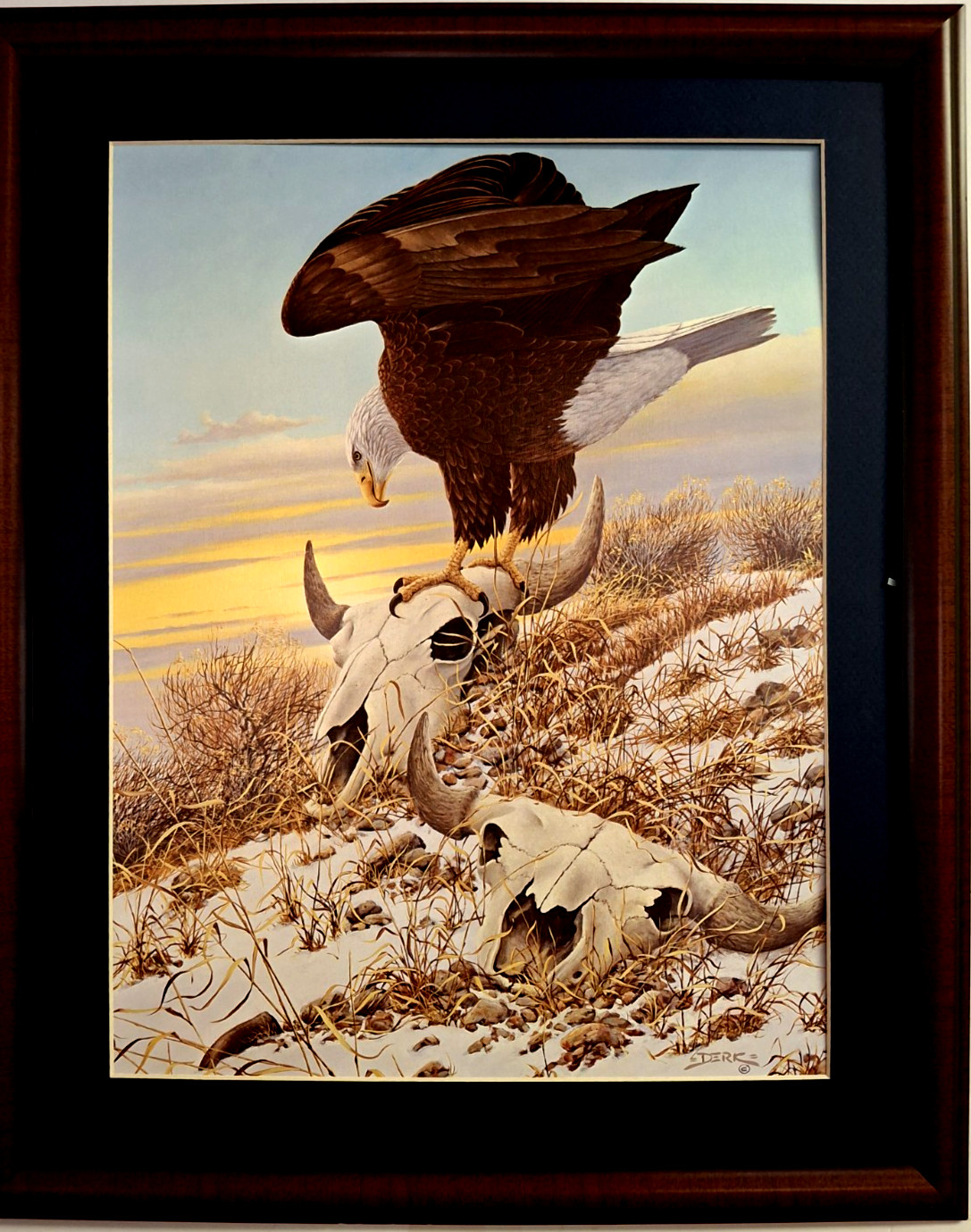 BALD EAGLE PICTURE COW SKULL WESTERN DERK HANSEN MATTED FRAMED 16X20