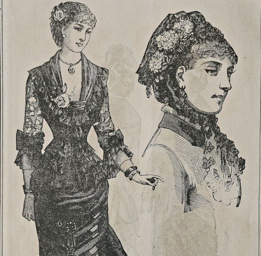 1881 Wood Engraving House Dress Bonnet Victorian Fashion Evening Sleeve DWQQ19