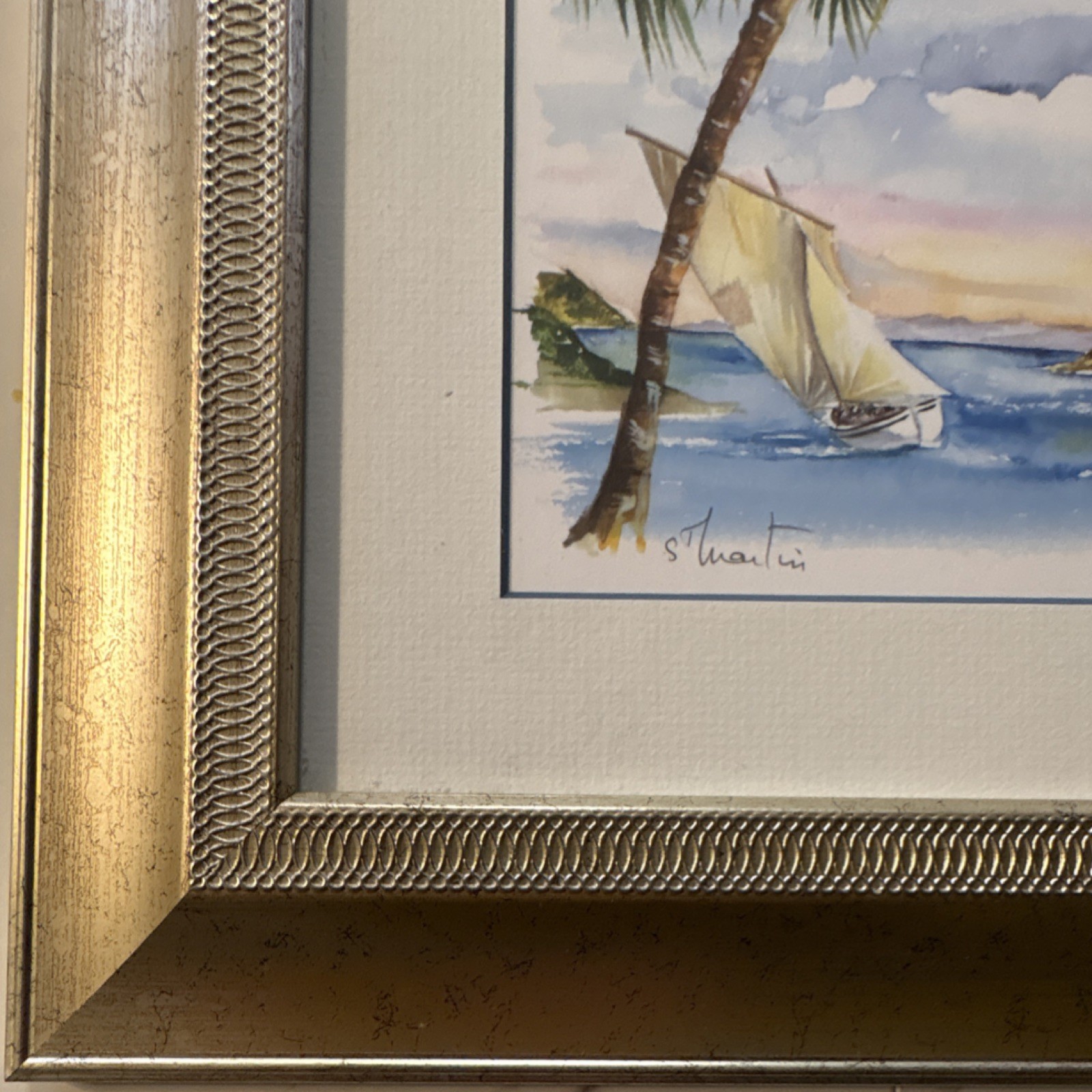 Set of 2 Mouche Bouvrais St. Martin Caribbean Watercolor Prints Matted & Framed