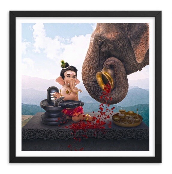 Lord Ganesh – Fine Art Print (18” x 18”) Elephant God Shiva Linga Hindu Poster
