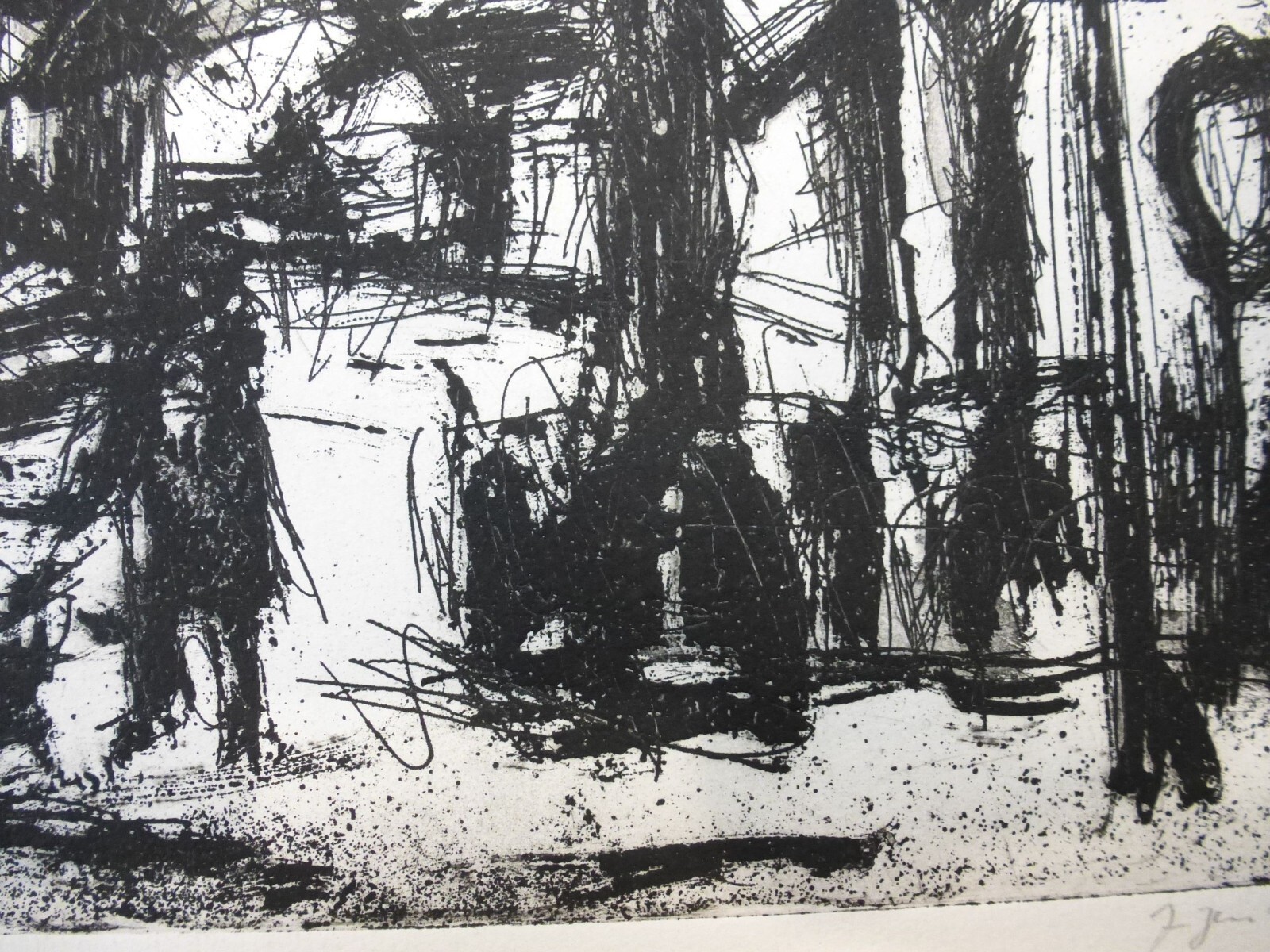Etching “unknown village with people and trees” Jürgen Weber 1970
