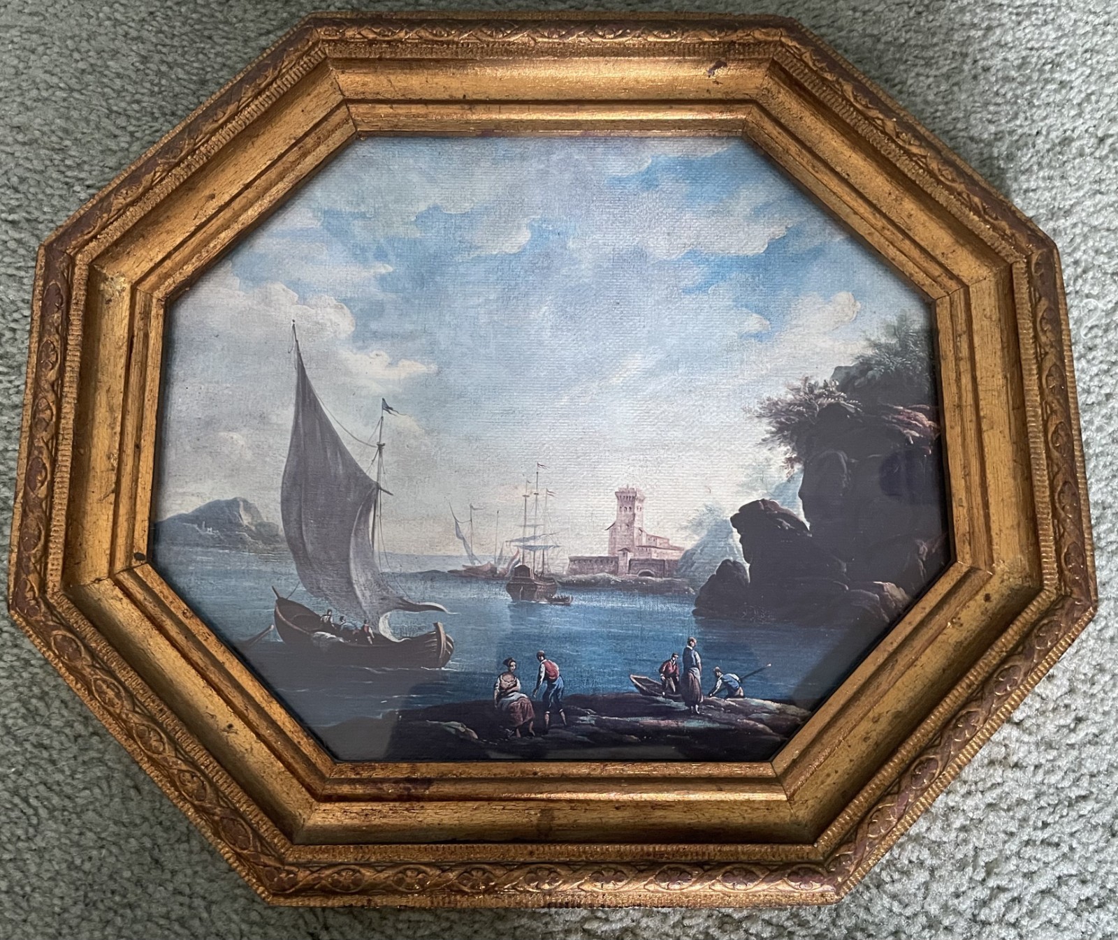 Vintage Italian Florentine Gold Gilt Framed Coastal Mediterranean Dock Scene