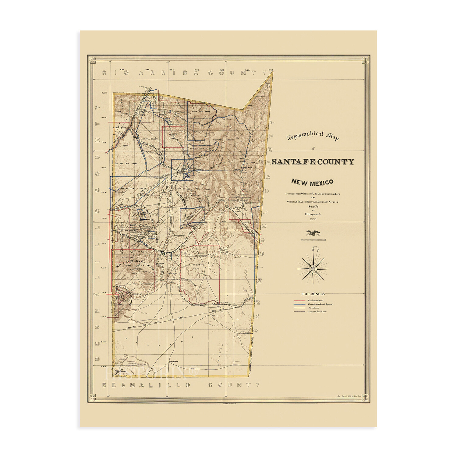 1883 Santa Fe County New Mexico Map – History Map of Santa Fe County Wall Art