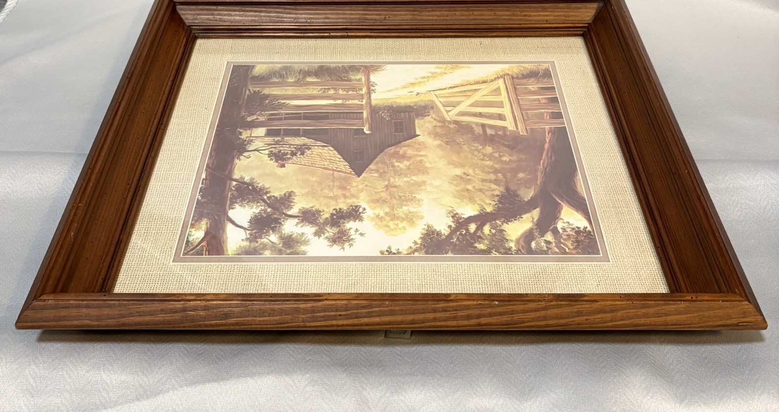 Vintage Framed Cottage Farm Print Rustic Barn Landscape Wood Frame Art